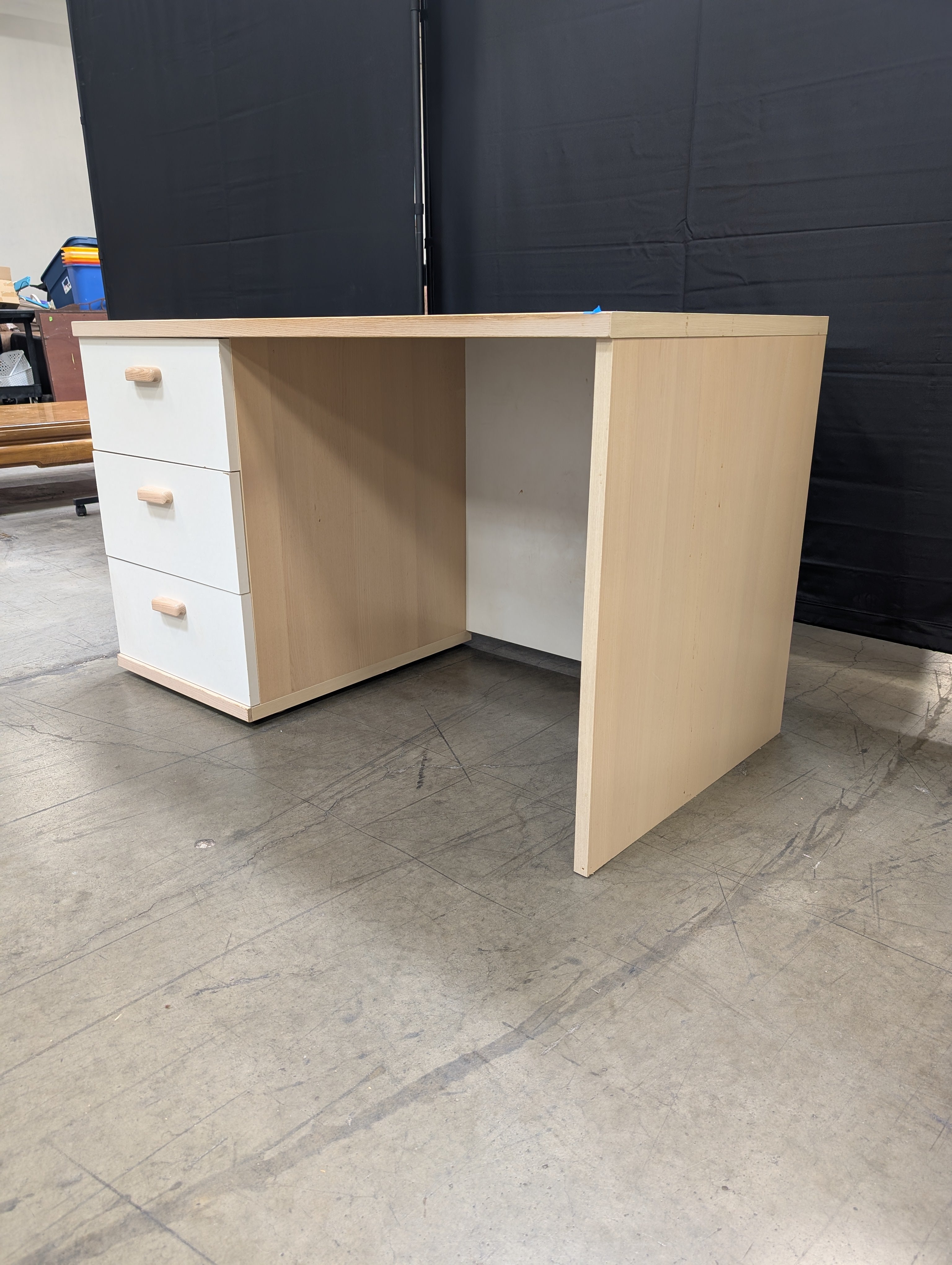 Modern Wood Tone Desk with Three Grey Drawers and Natural Pulls