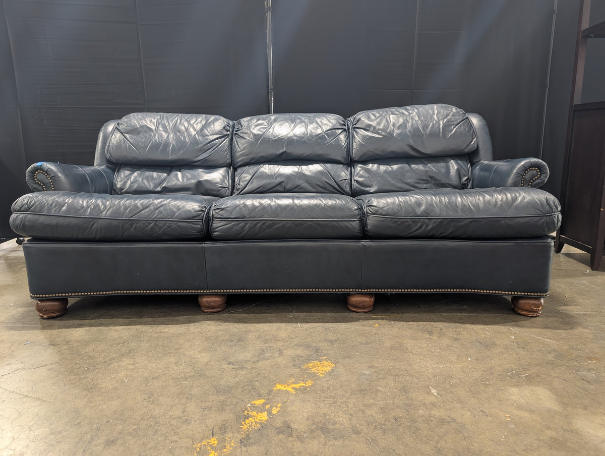 Drexel Dark Blue Leather Three-Cushion Couch with Nailhead Trim