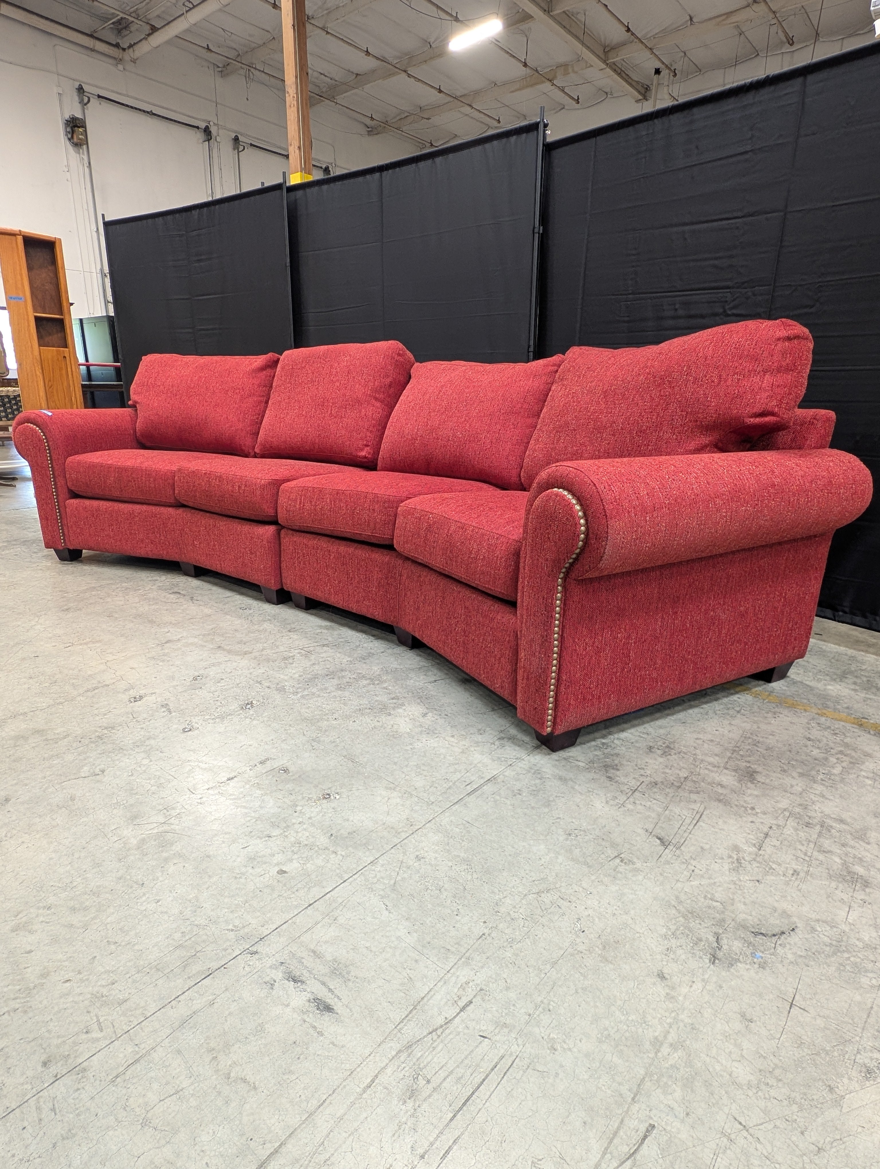 Curved Red Textured Fabric Couch with Nailhead Trim