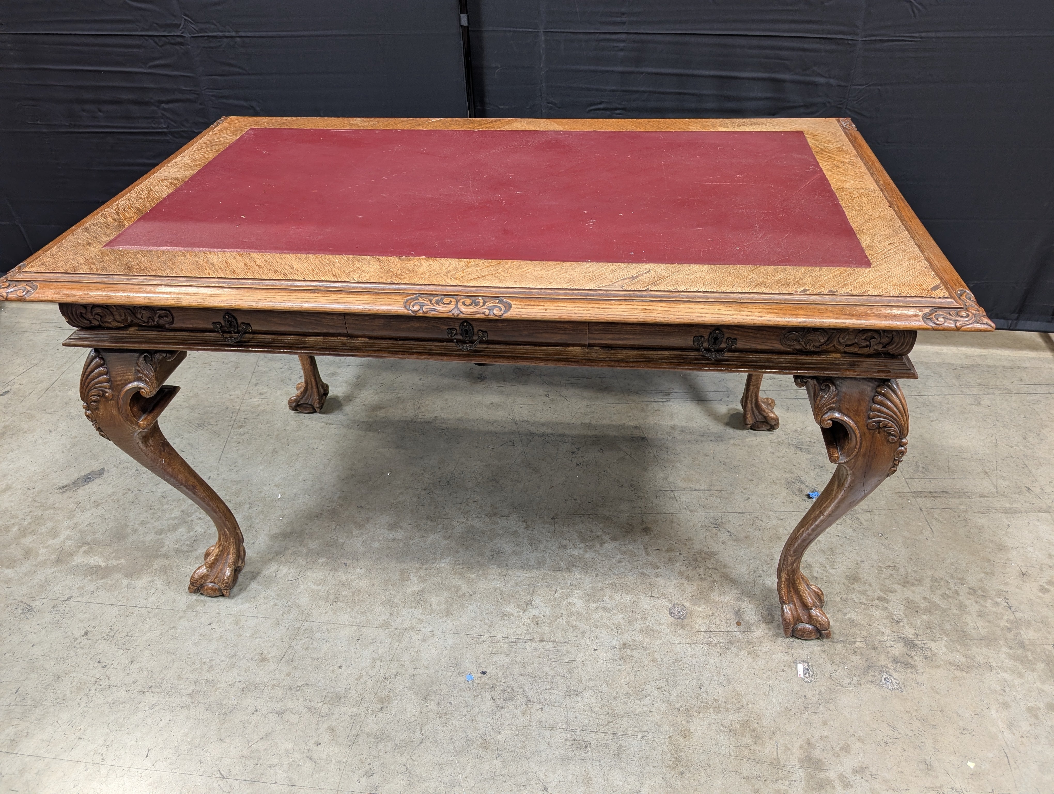Ornate Carved Wood Desk with Reddish-Brown Top