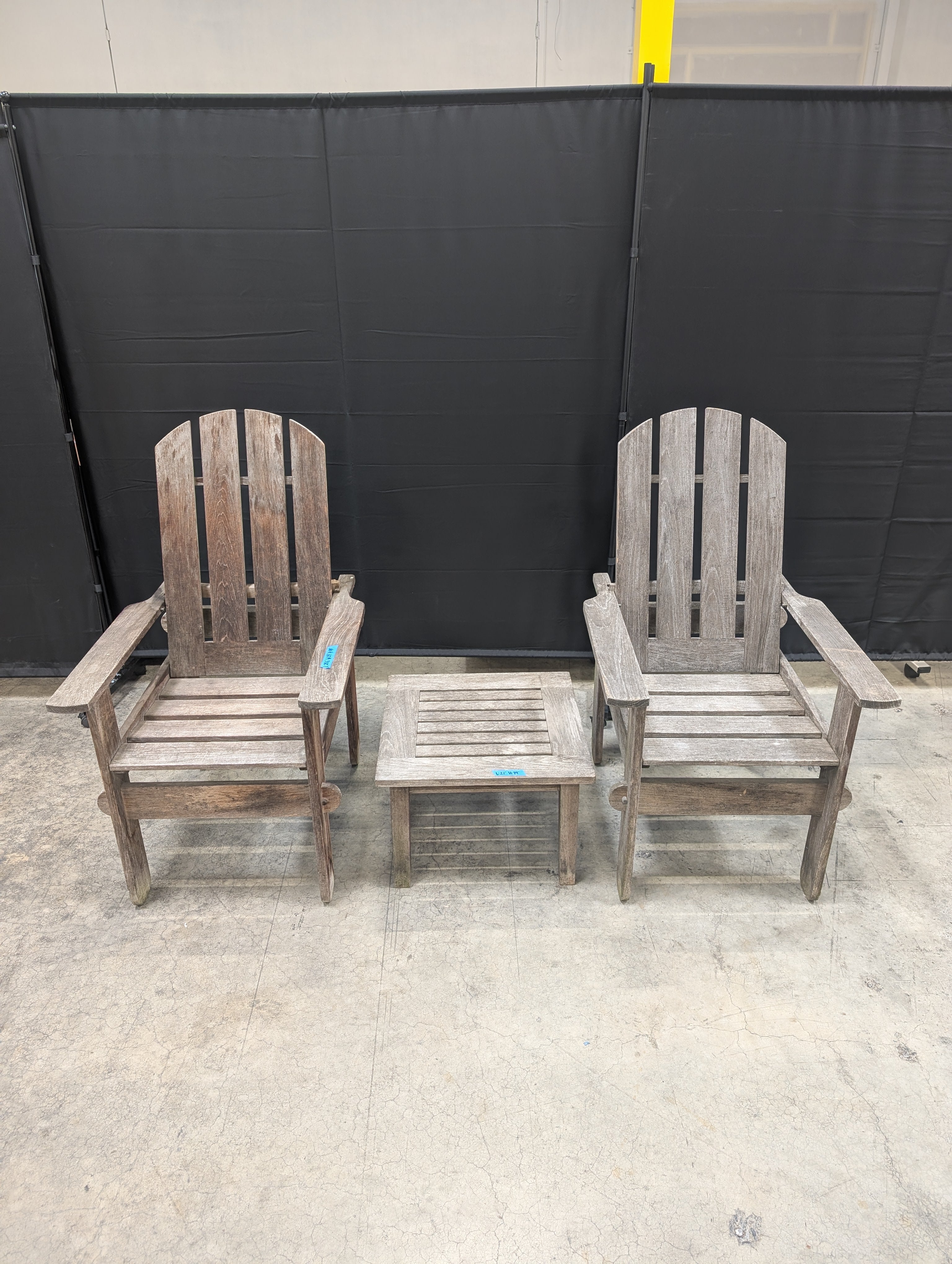 Set of Weathered Gray Wood Adirondack Chairs with Side Table