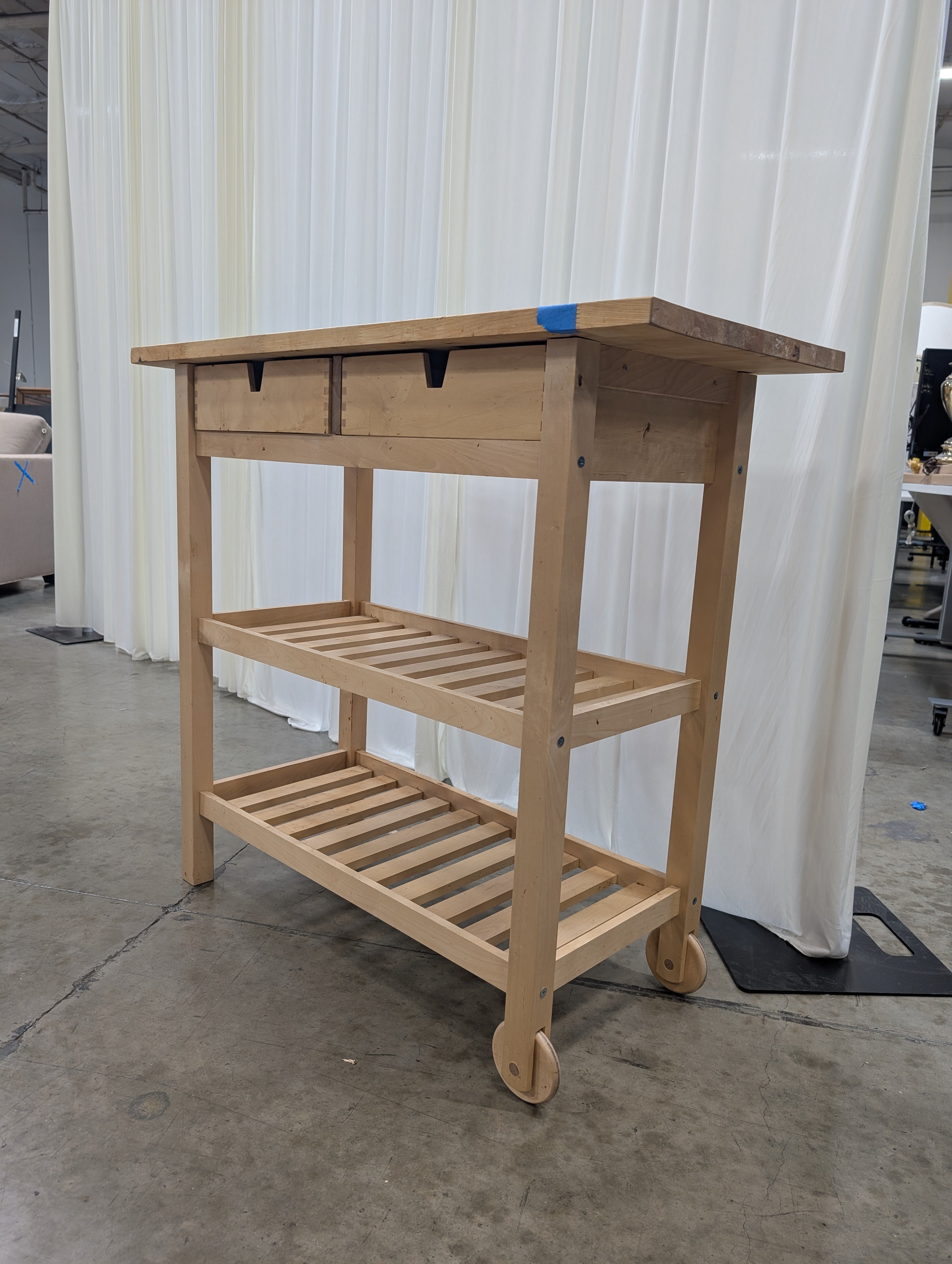 Natural Wood Kitchen Island Cart with Drawers and Slatted Shelves