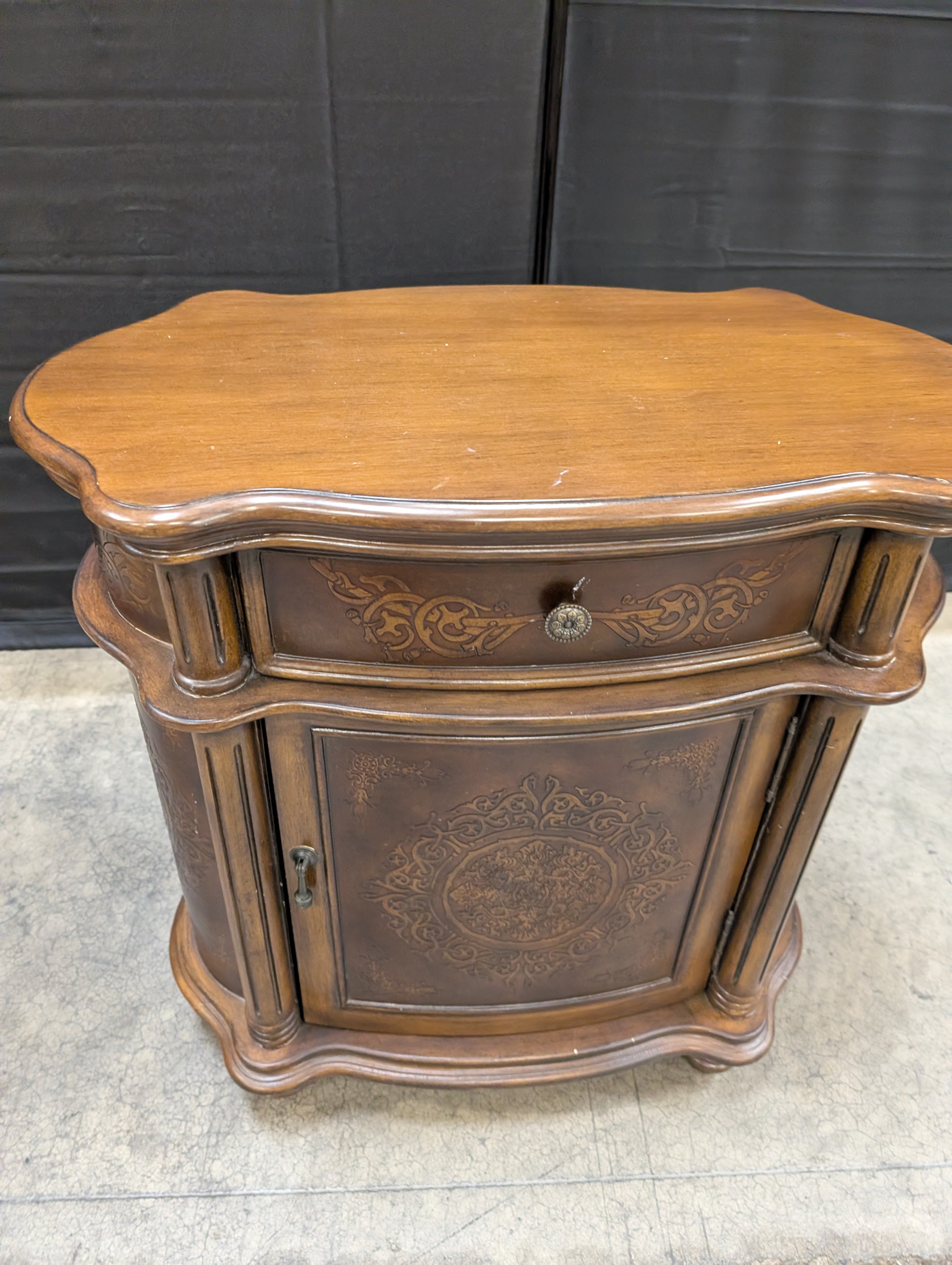 Ornate Dark Wood Accent Cabinet with Drawer
