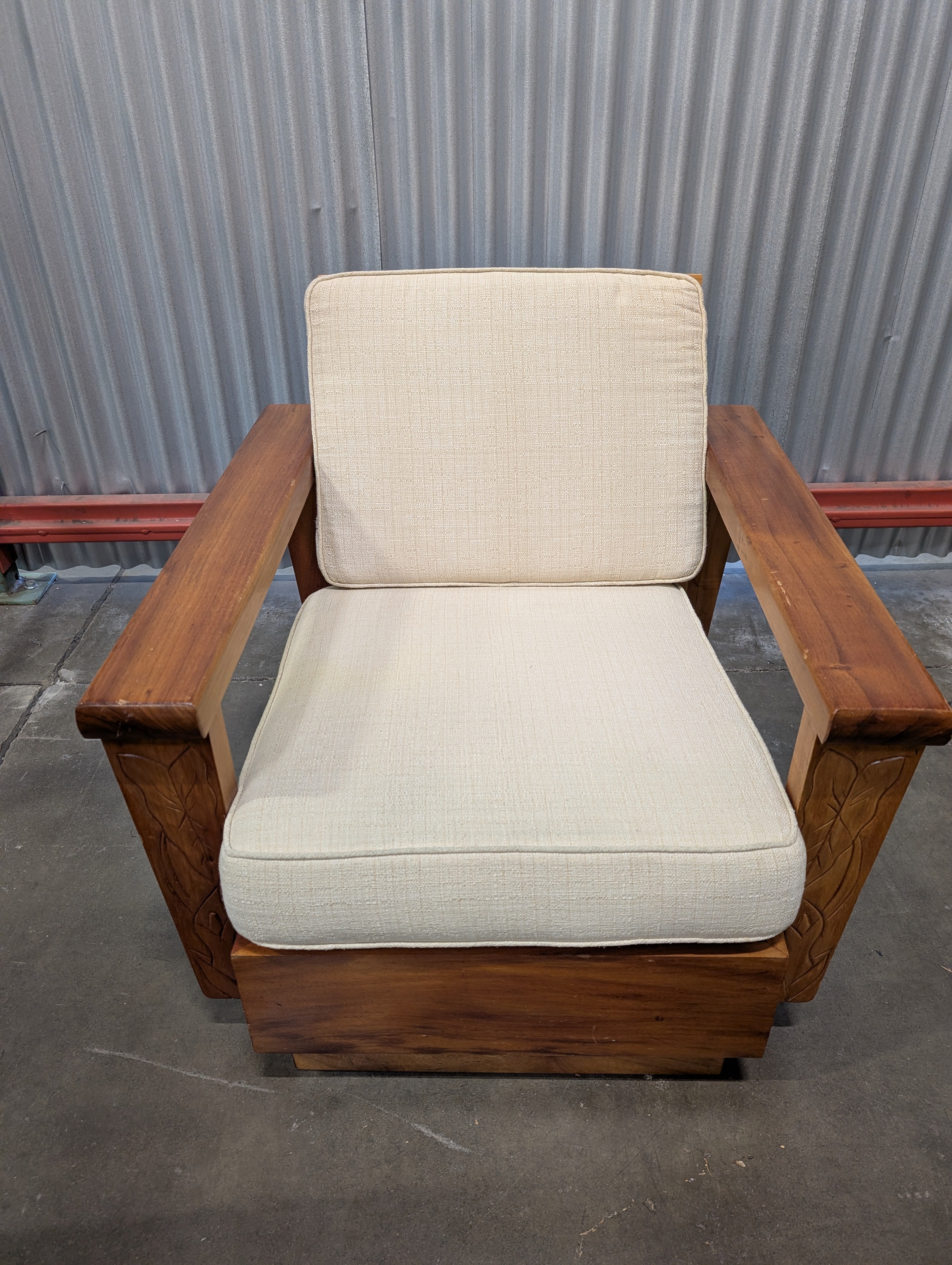 Mid-Century Modern Hardwood Armchair with Carved Leaf Design
