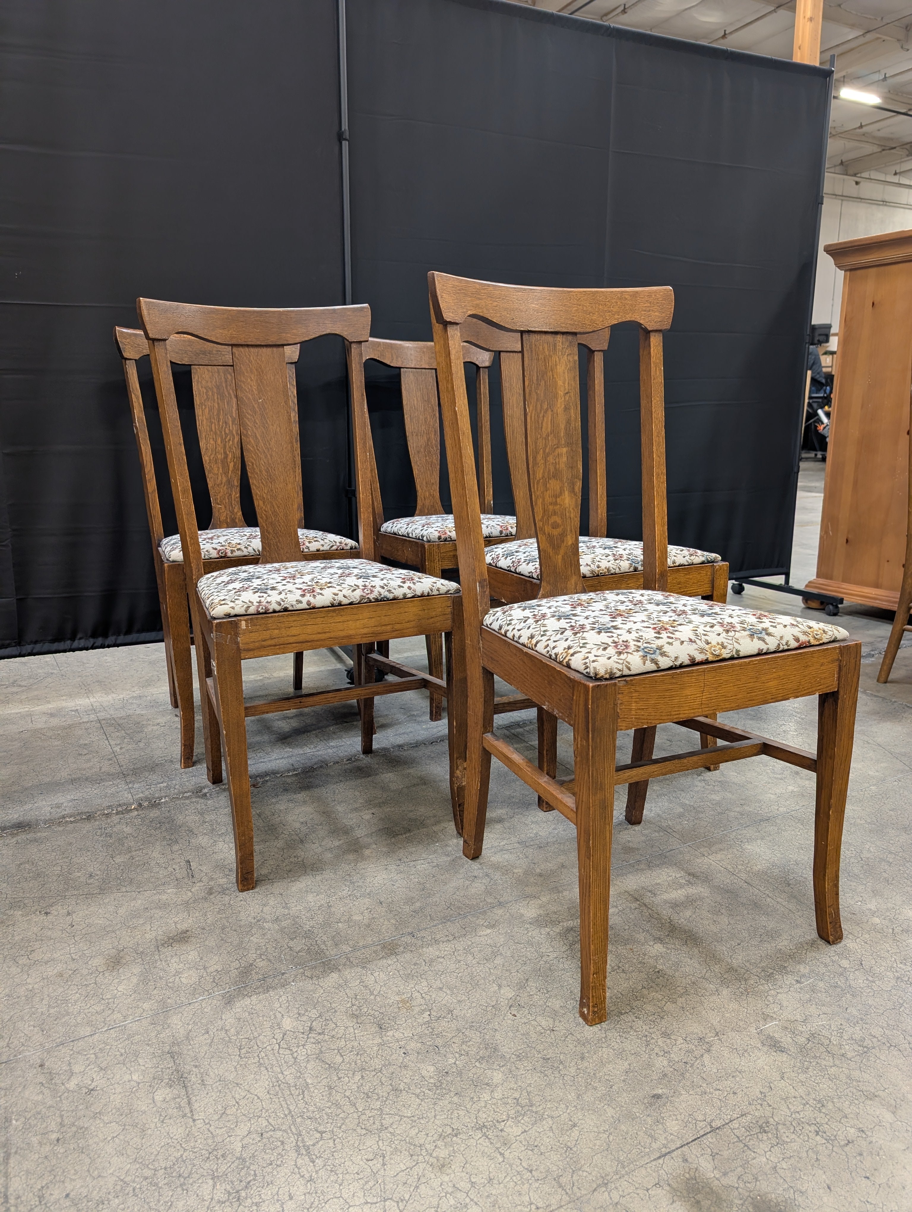 Set of Five Traditional Wooden Dining Chairs with Floral Upholstery