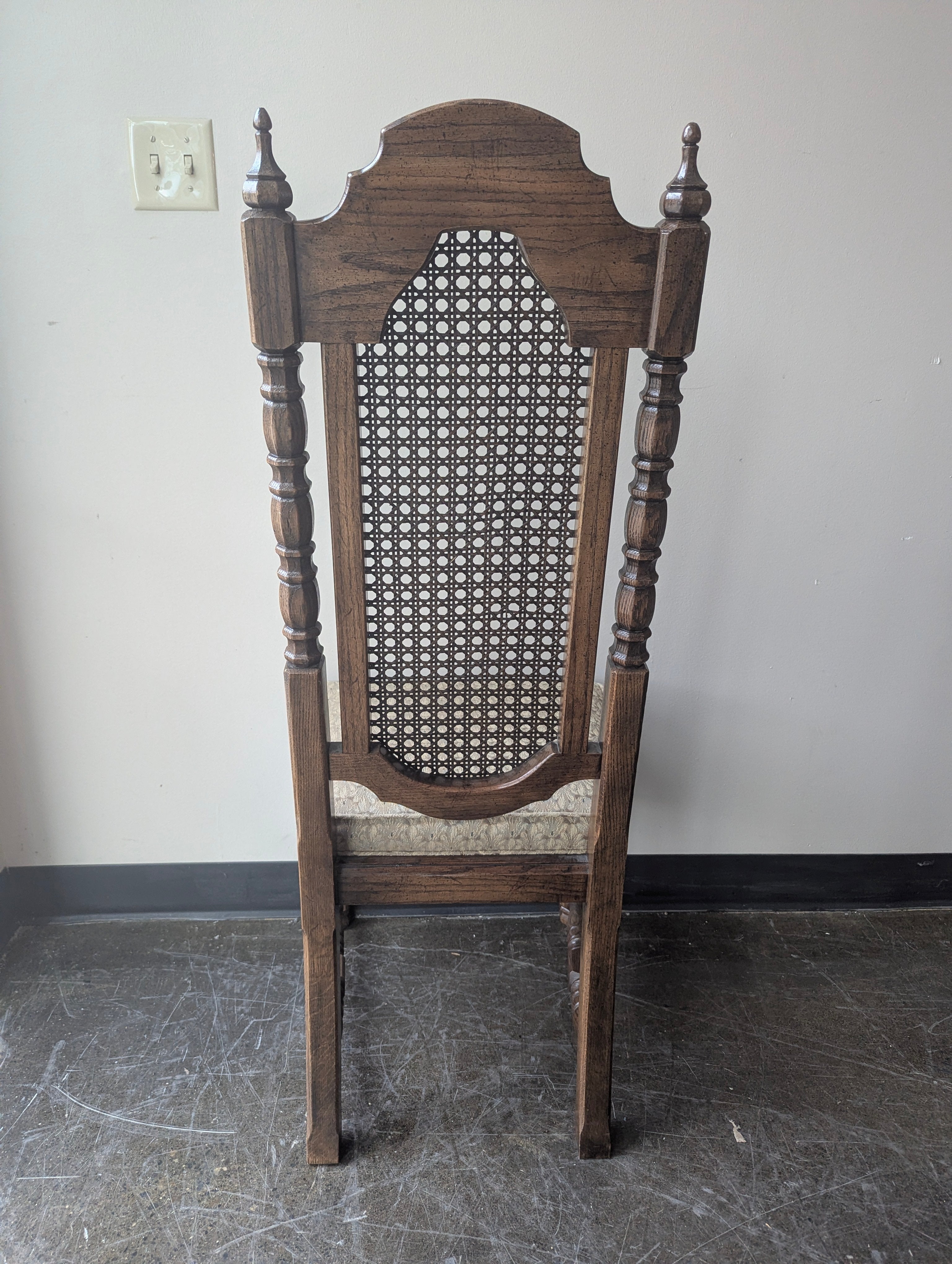 Vintage Carved Wood Cane Back Upholstered Dining Chair