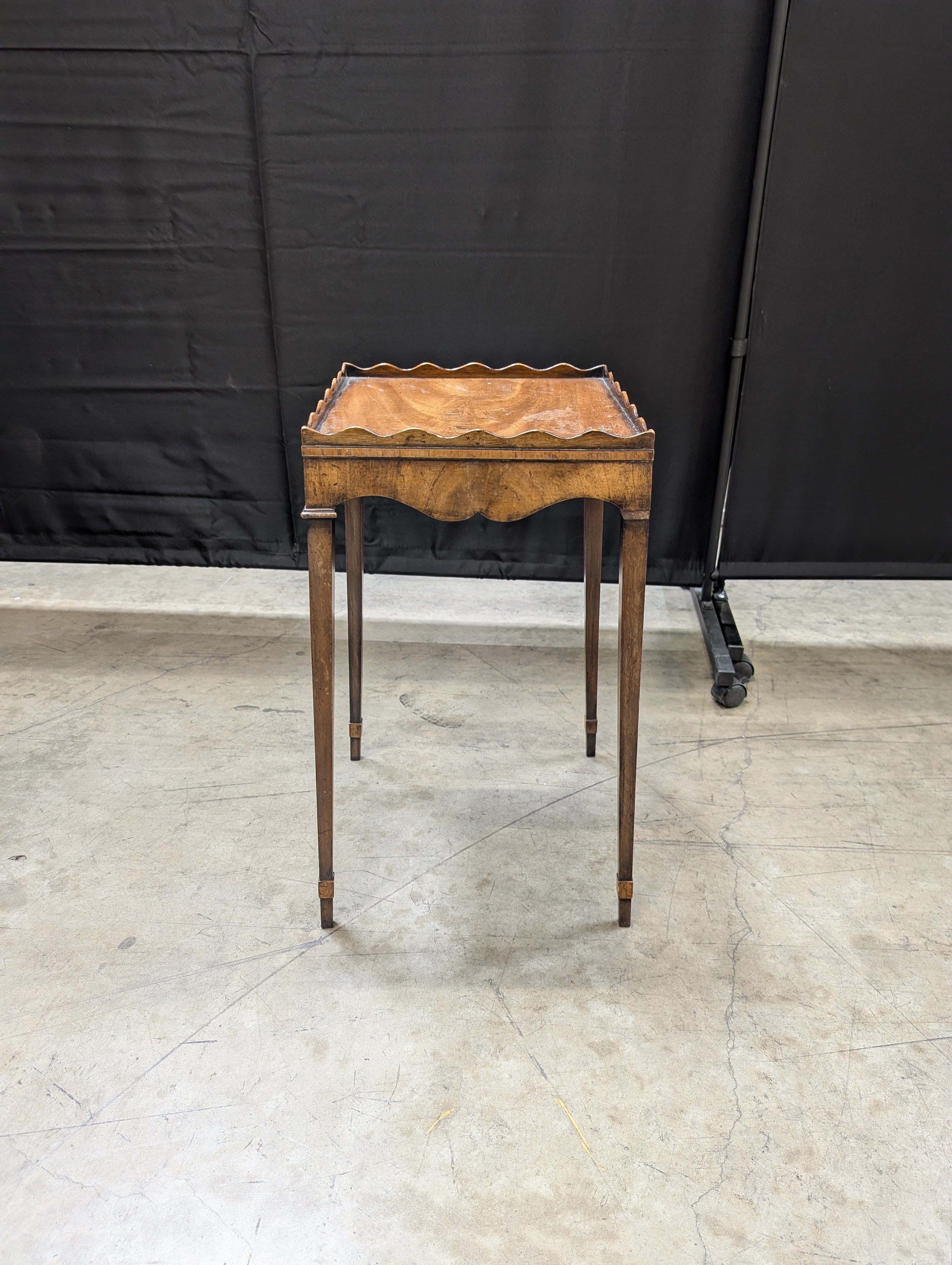 Vintage Brown Wood Side Table with Scalloped Tray Top