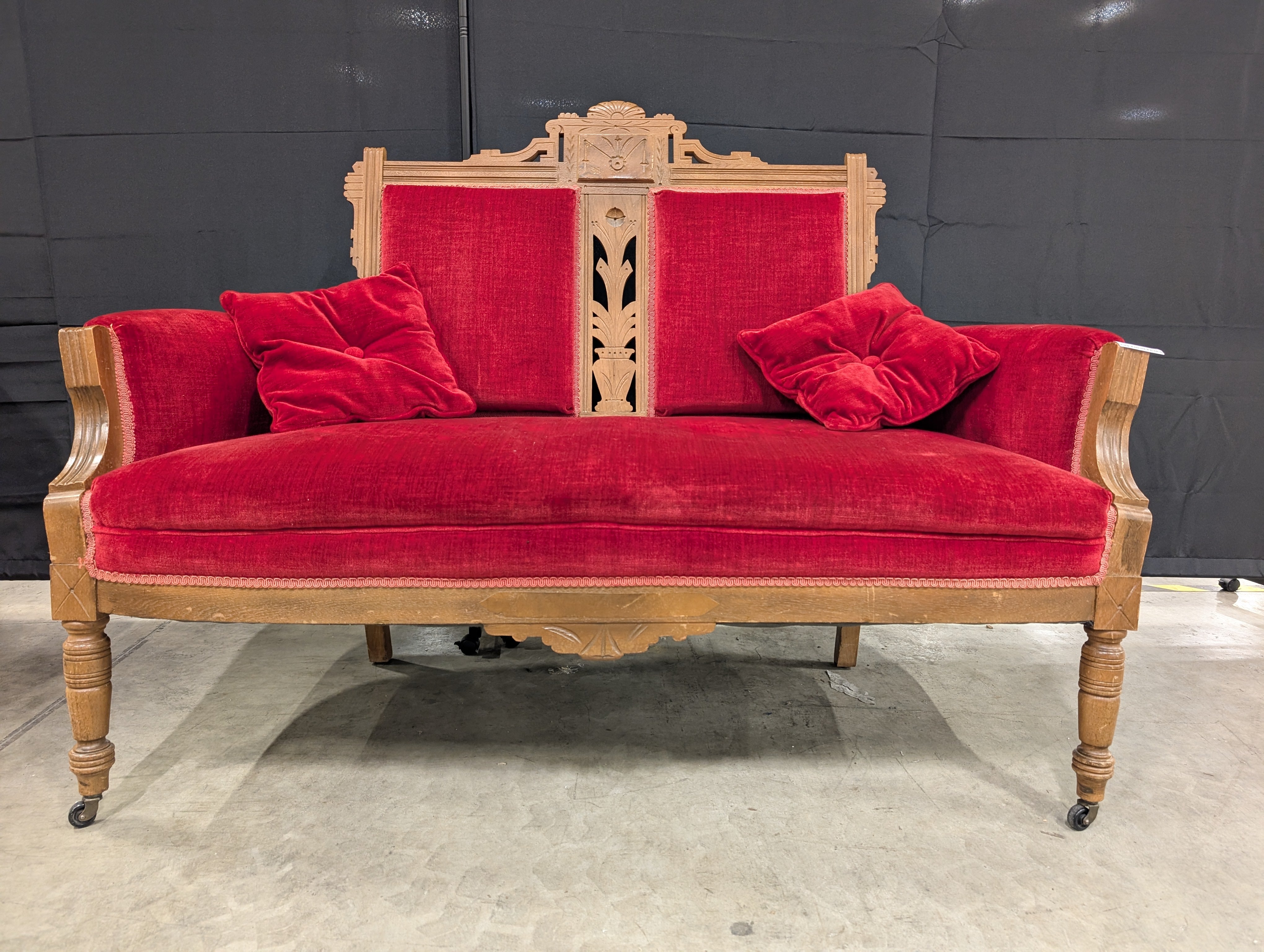 Vintage Carved Wood Red Velvet Loveseat Settee