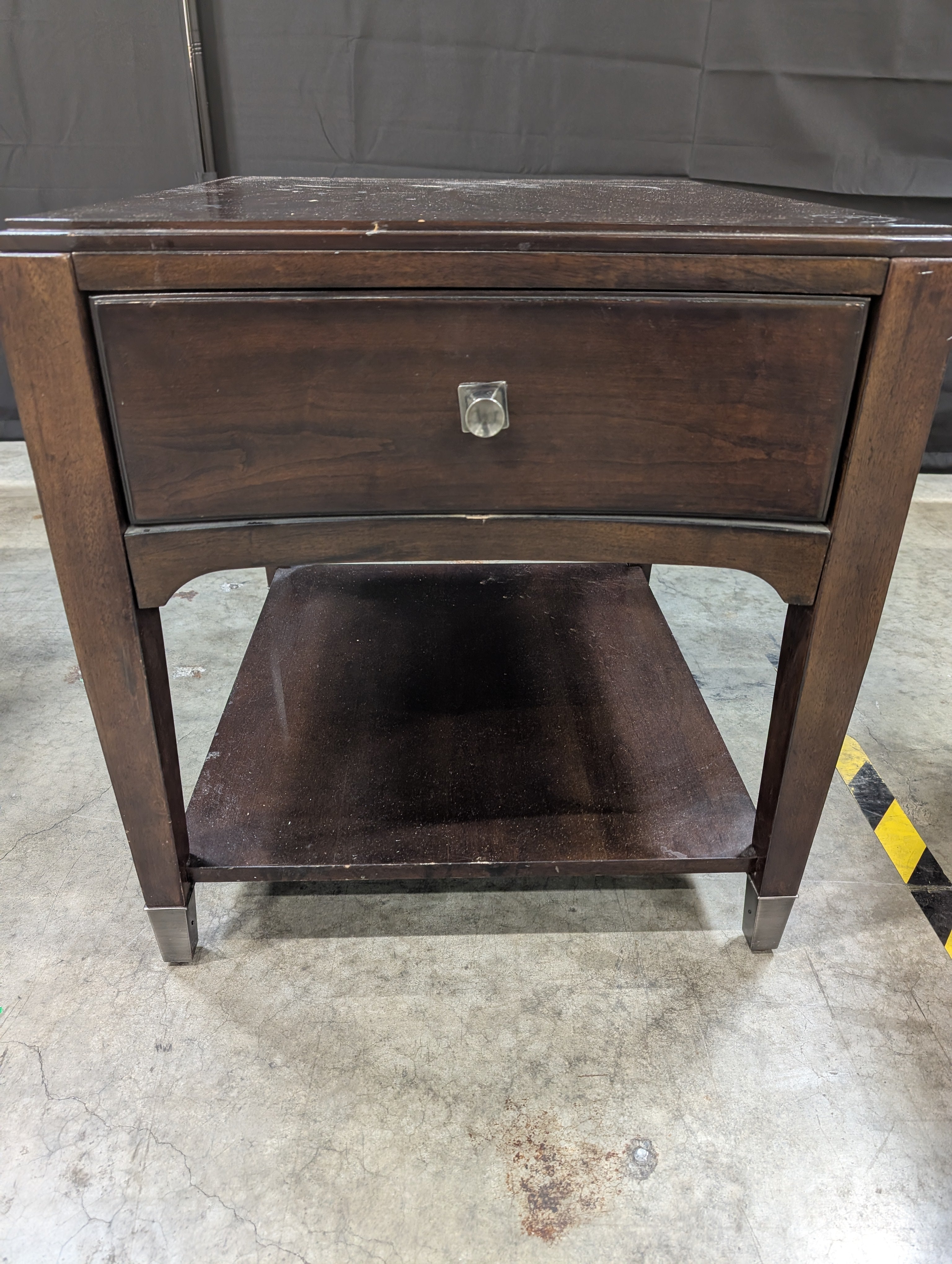 Dark Brown Wood Side Table with Curved Drawer and Open Shelf