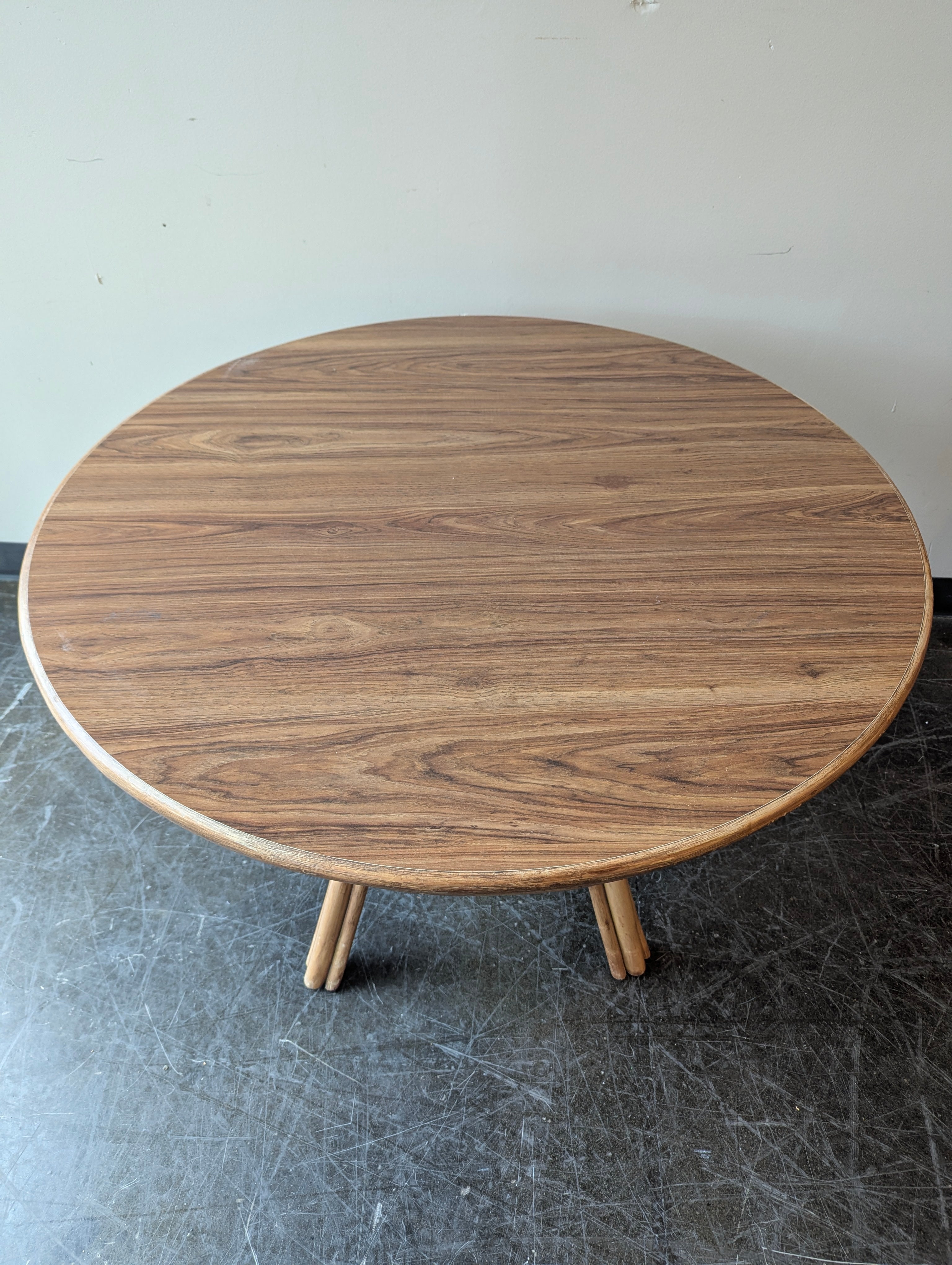 Round Rattan Base Accent Table with Wood Grain Top