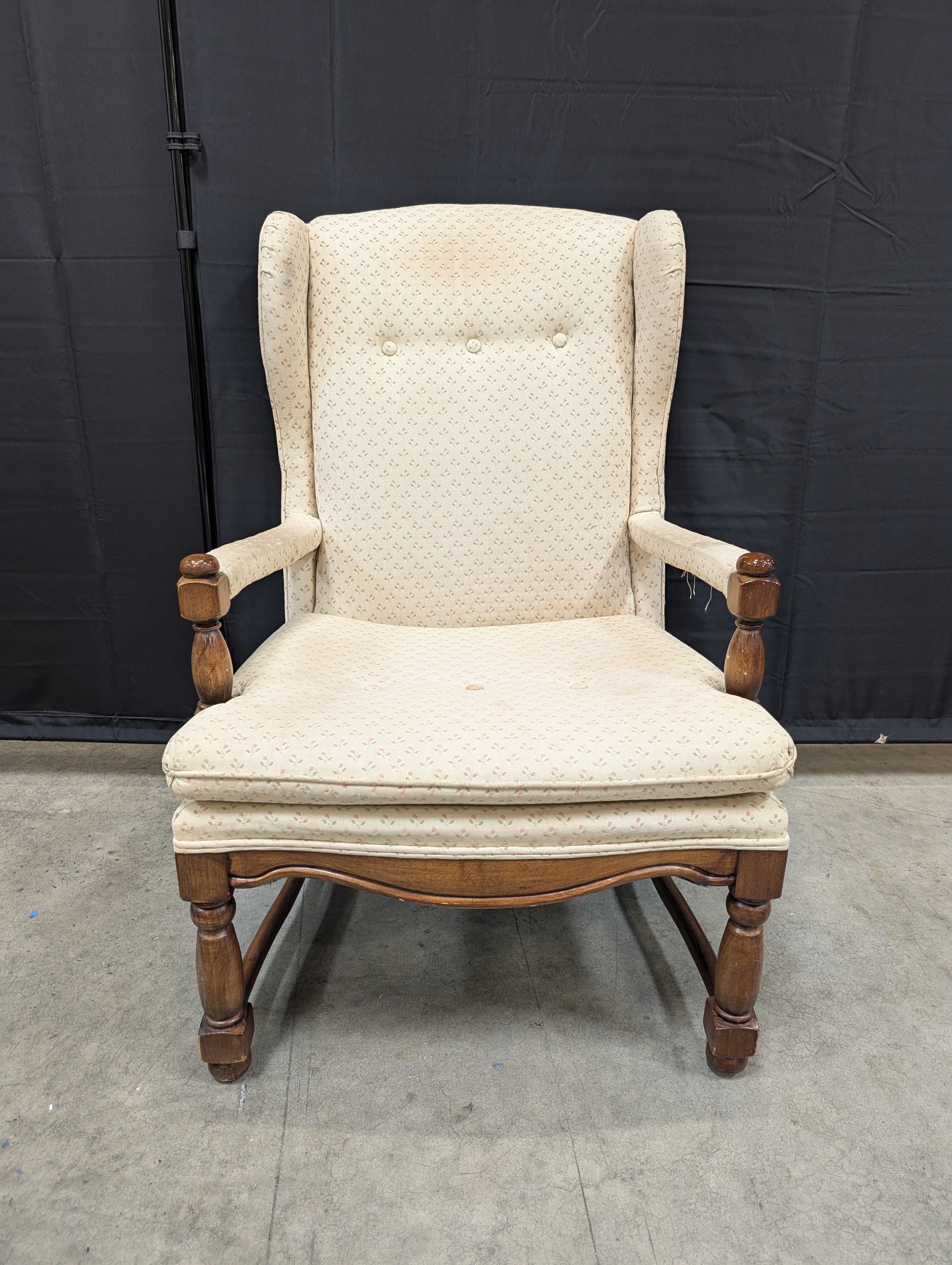 Patterned Beige Fabric Wingback Chair