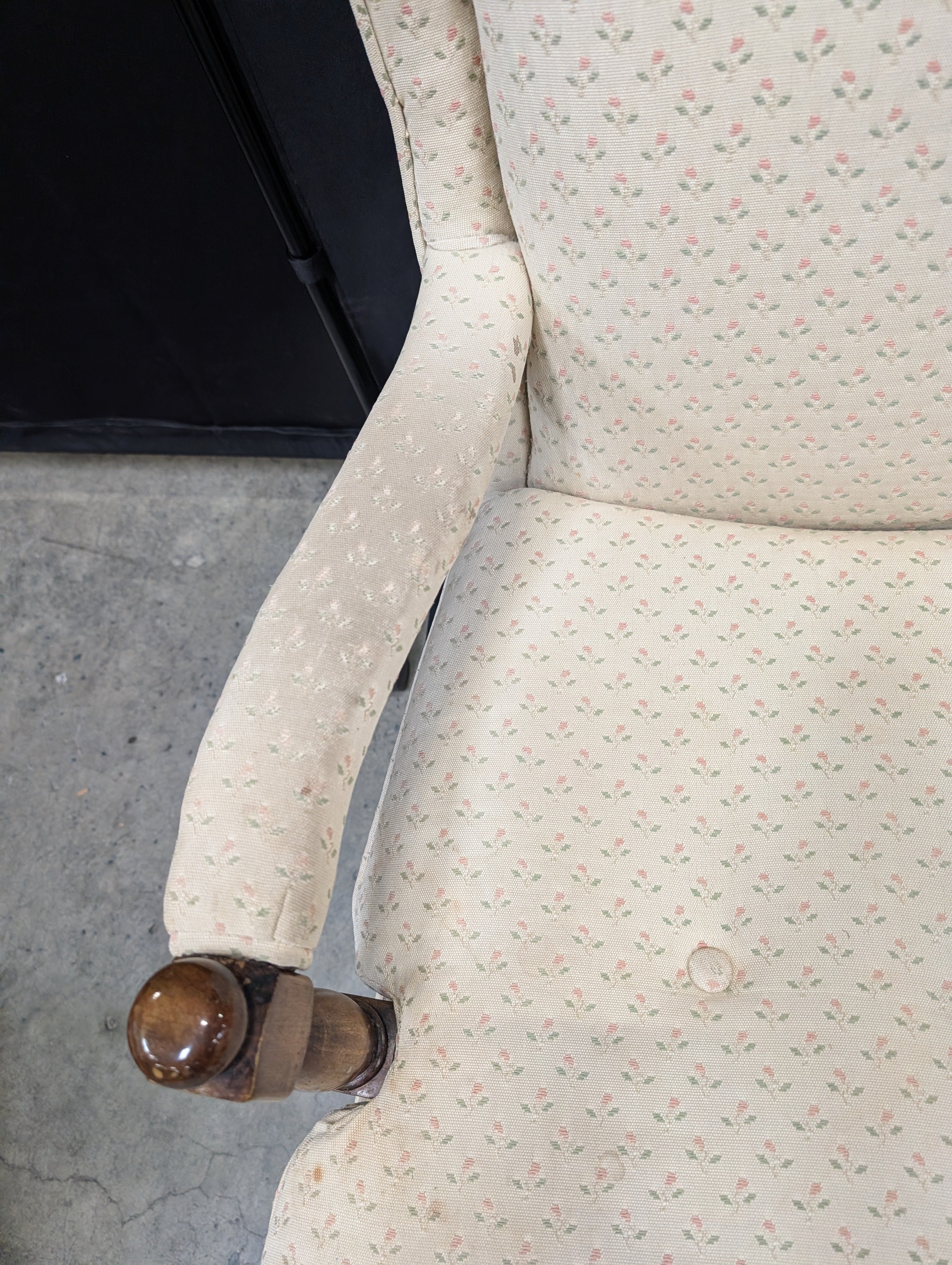 Patterned Beige Fabric Wingback Chair