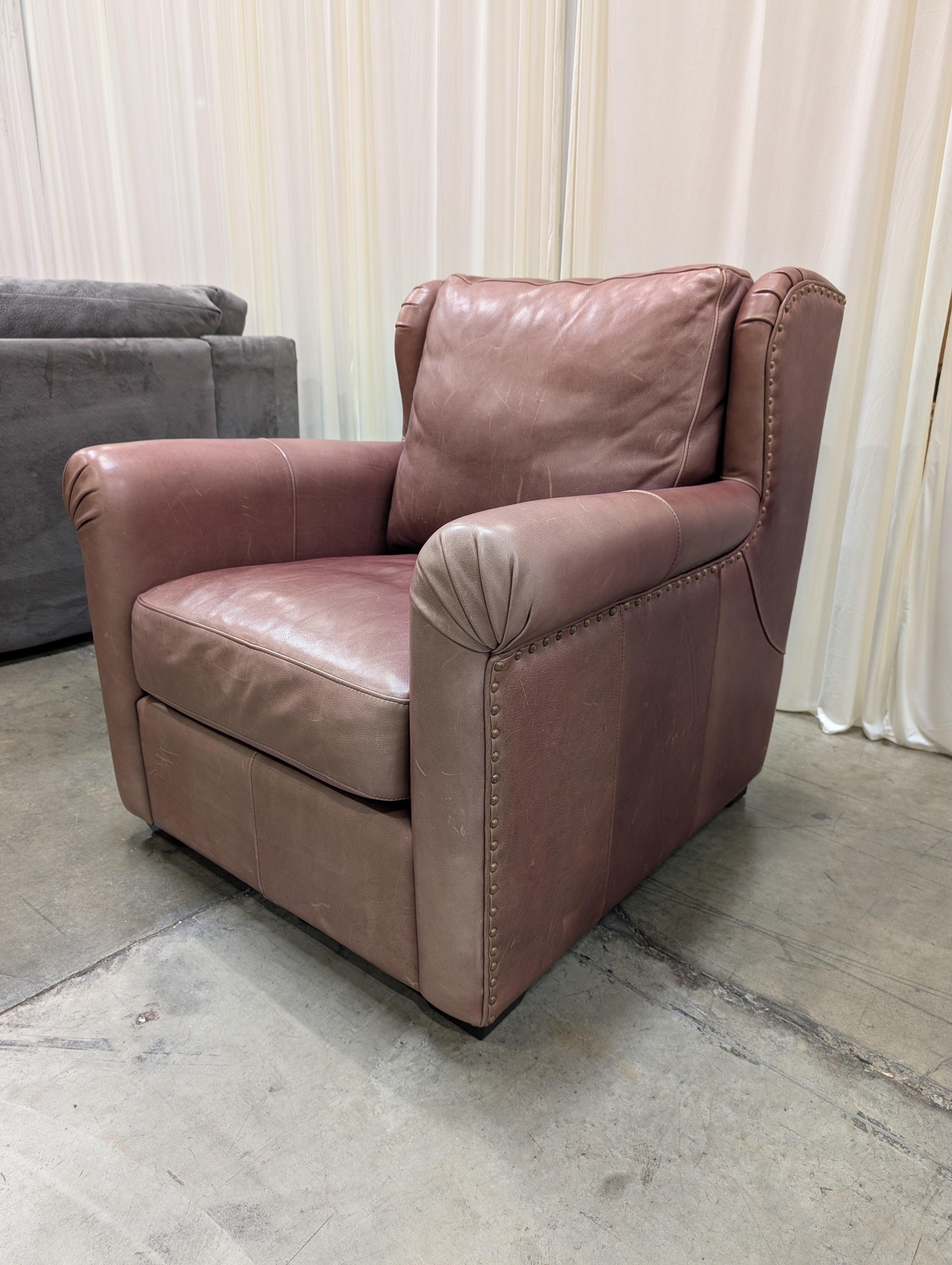 Burgundy Legacy Leather Wingback Armchair with Nailhead Trim