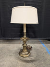 Brass Candlestick Style Table Lamp in Off-White Fabric