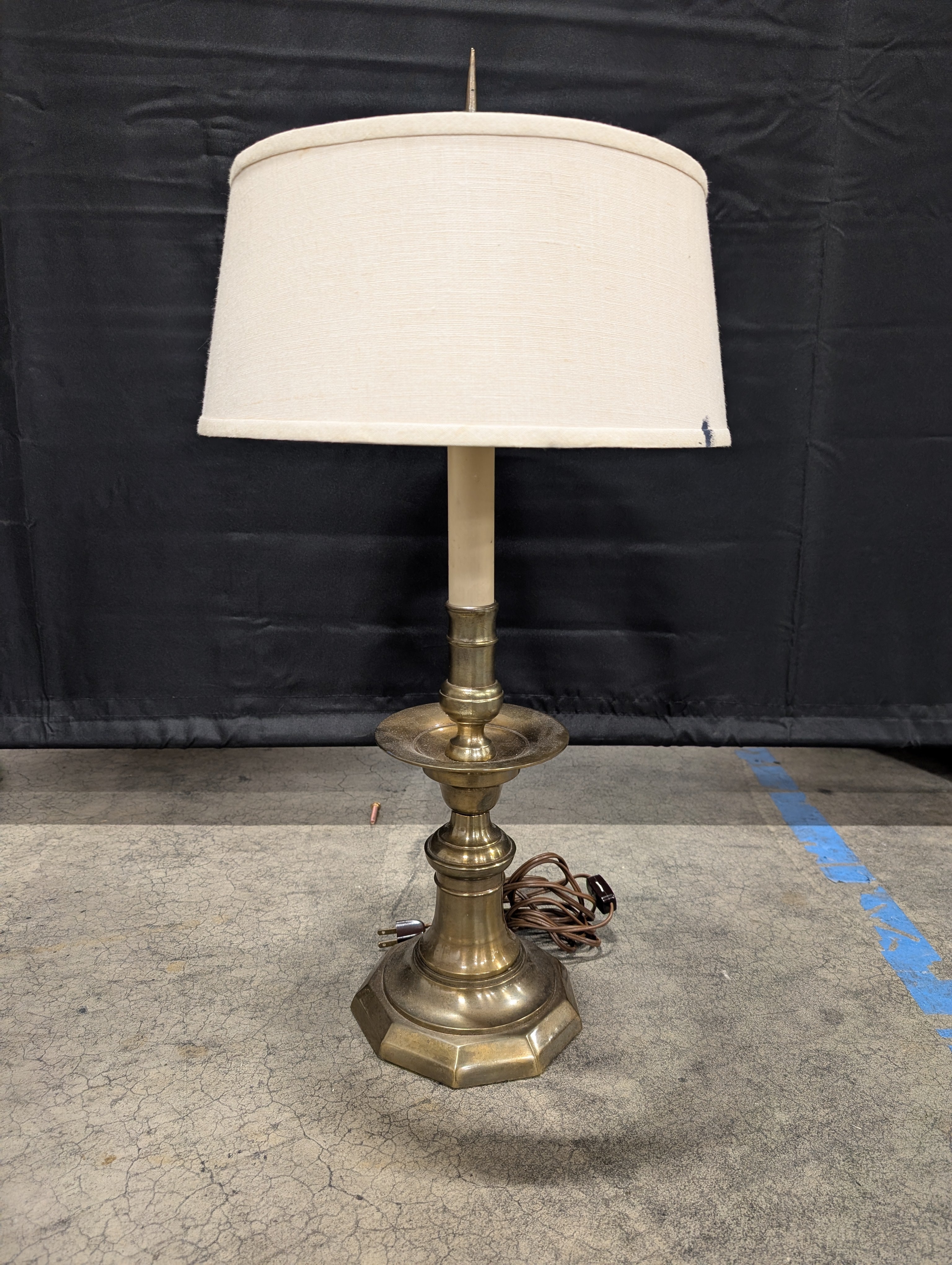 Brass Candlestick Style Table Lamp in Off-White Fabric