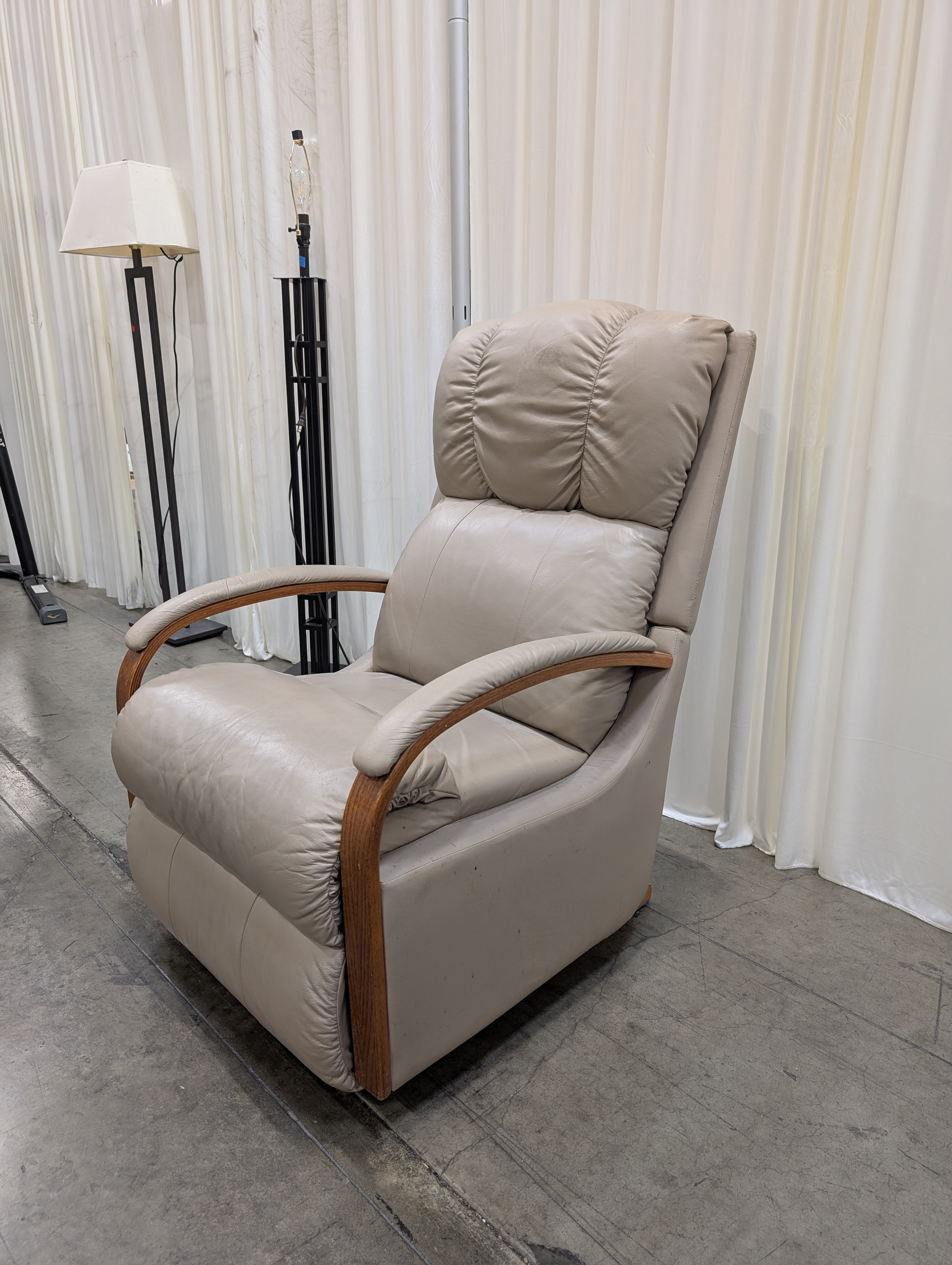 Grey Leatherette Recliner with Wood Trim