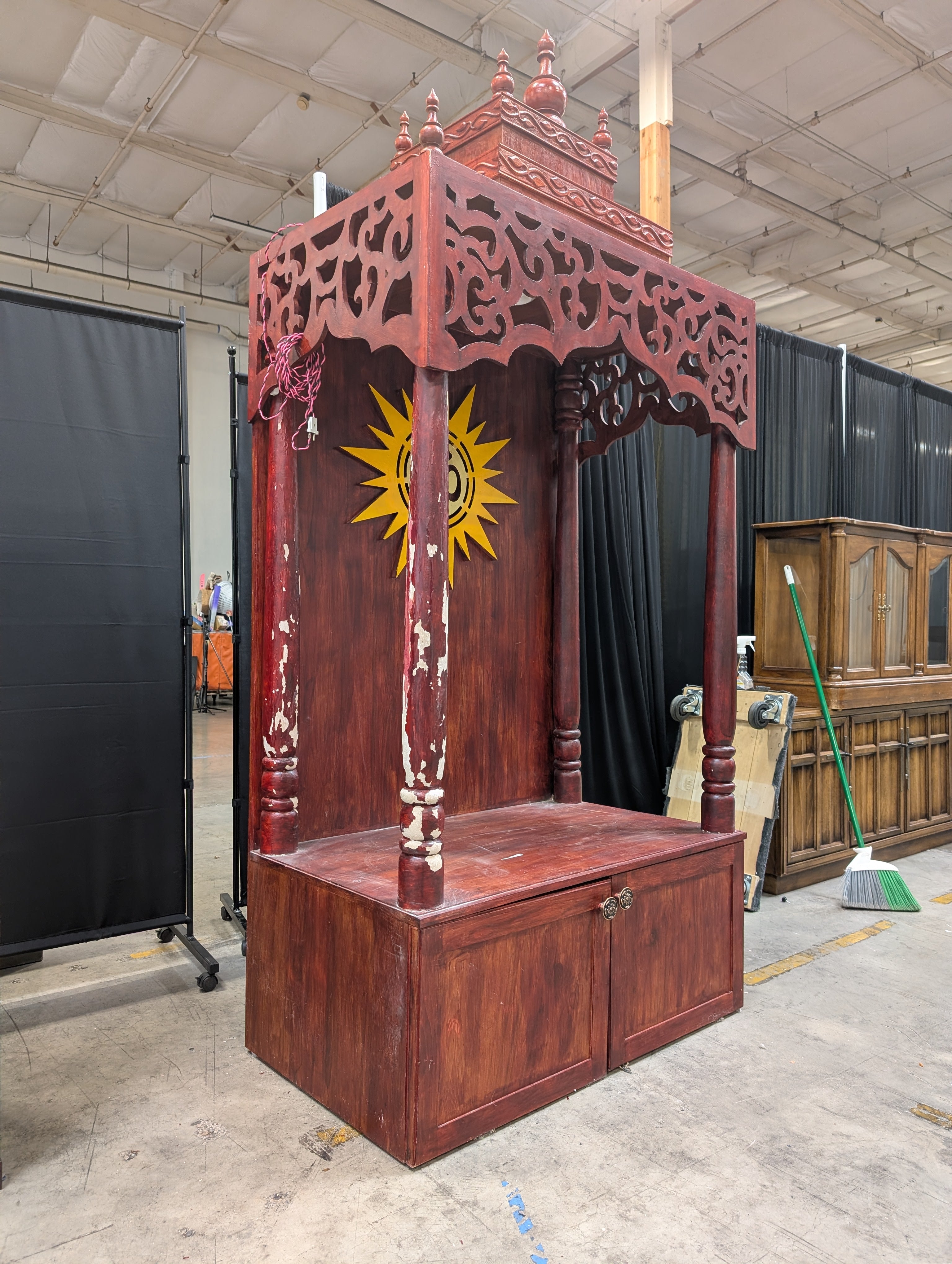 Carved Wooden Red Pooja Mandir with Cabinet