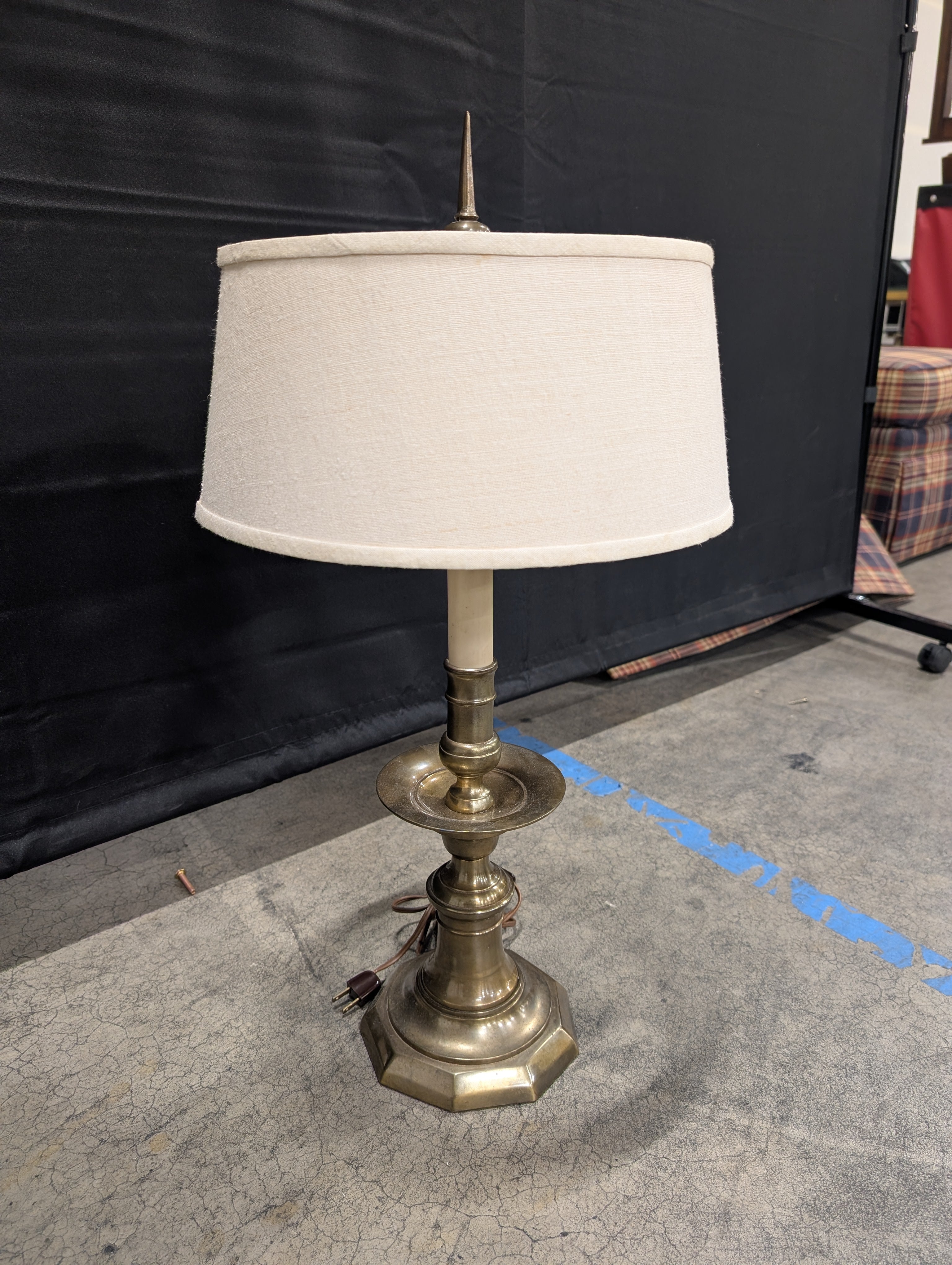 Brass Candlestick Style Table Lamp in Off-White Fabric