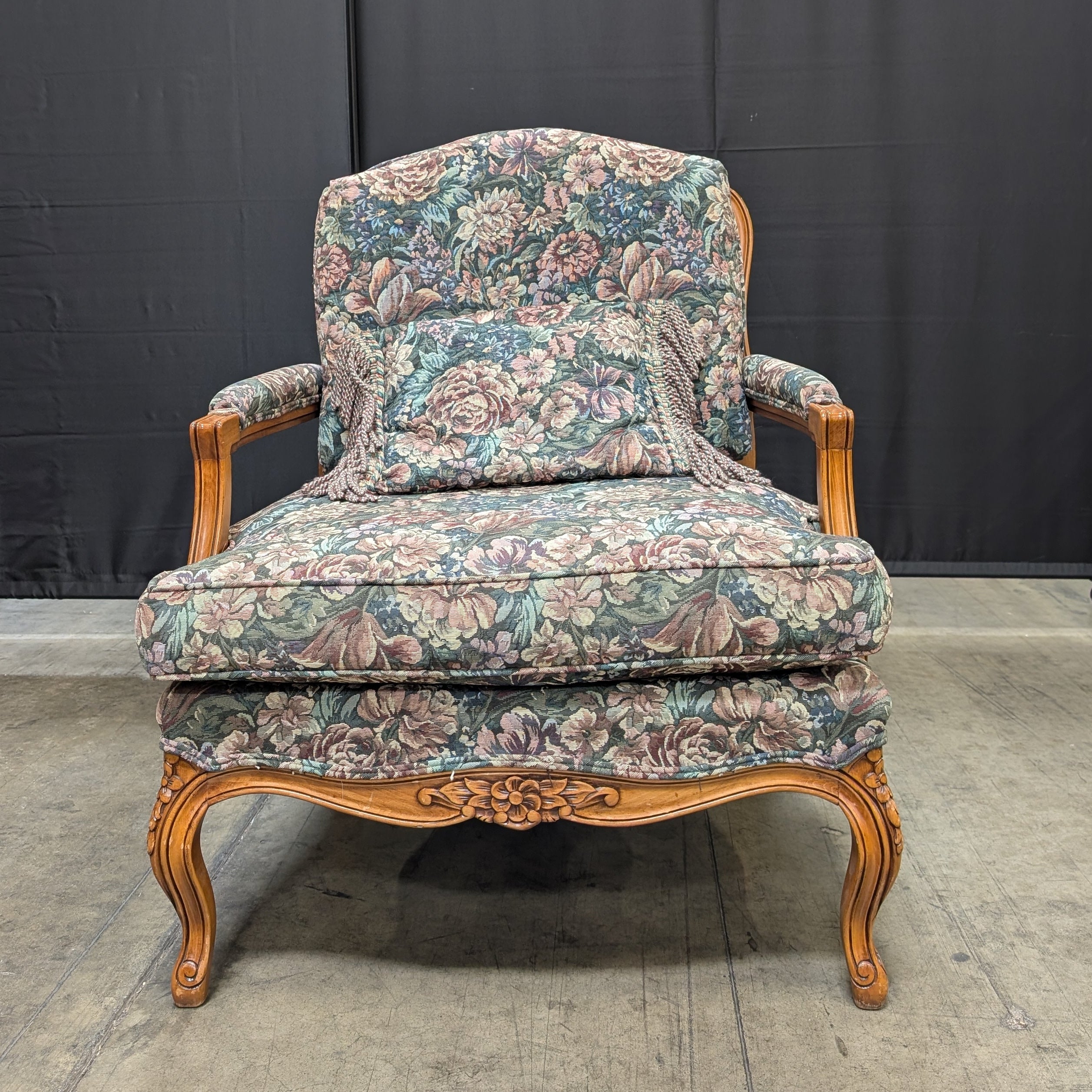 Vintage Floral Upholstered Carved Wood Armchair