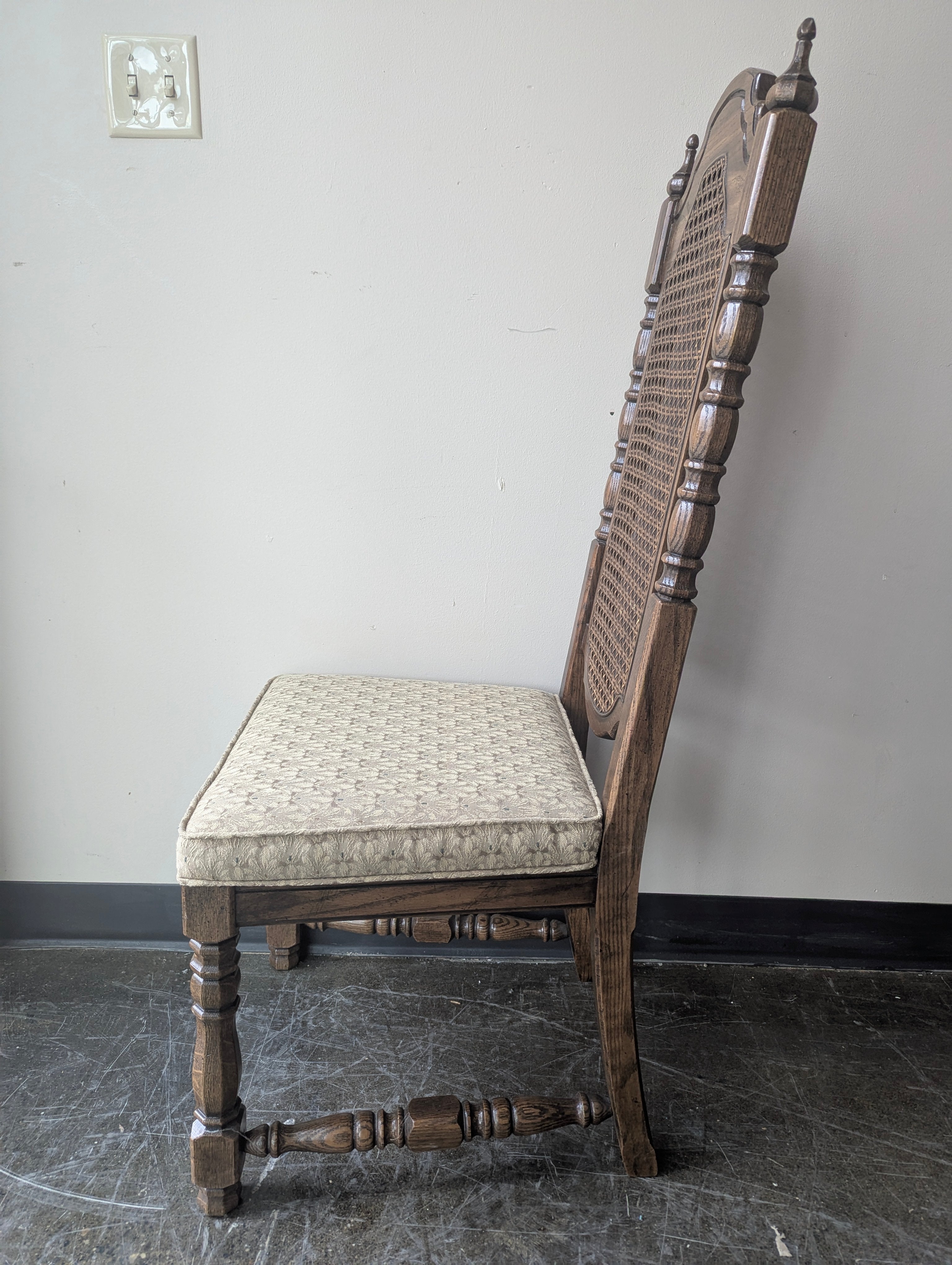 Vintage Carved Wood Cane Back Upholstered Dining Chair