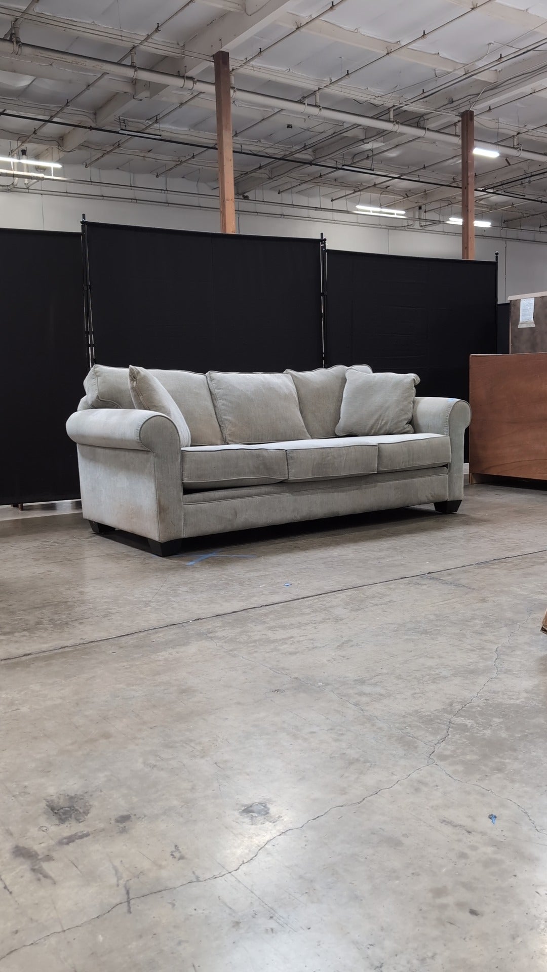 Used Greige Fabric Three-Seater Sofa with Rolled Arms
