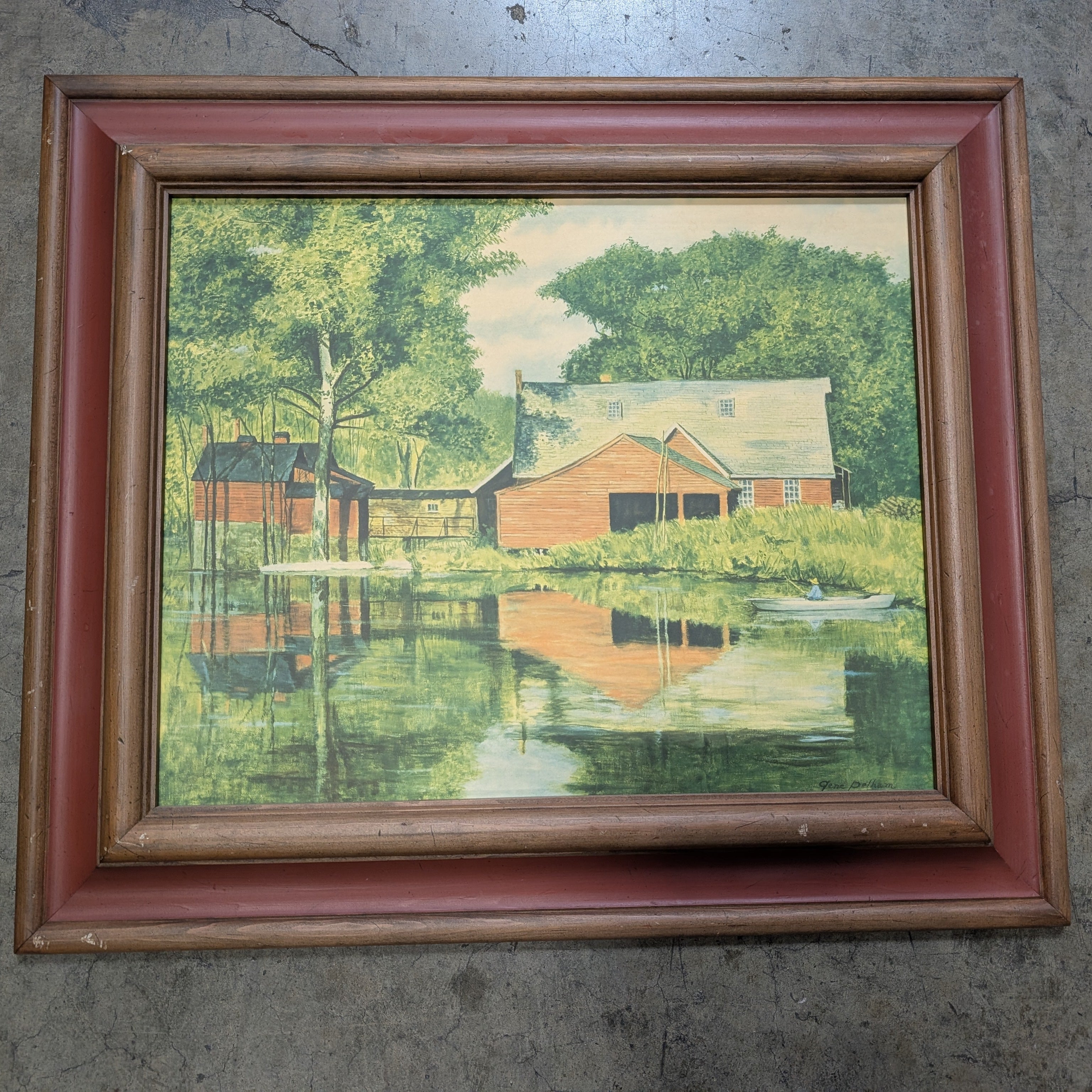 Rustic Barn Lakeside Landscape Art Print in Multi-Tone Frame