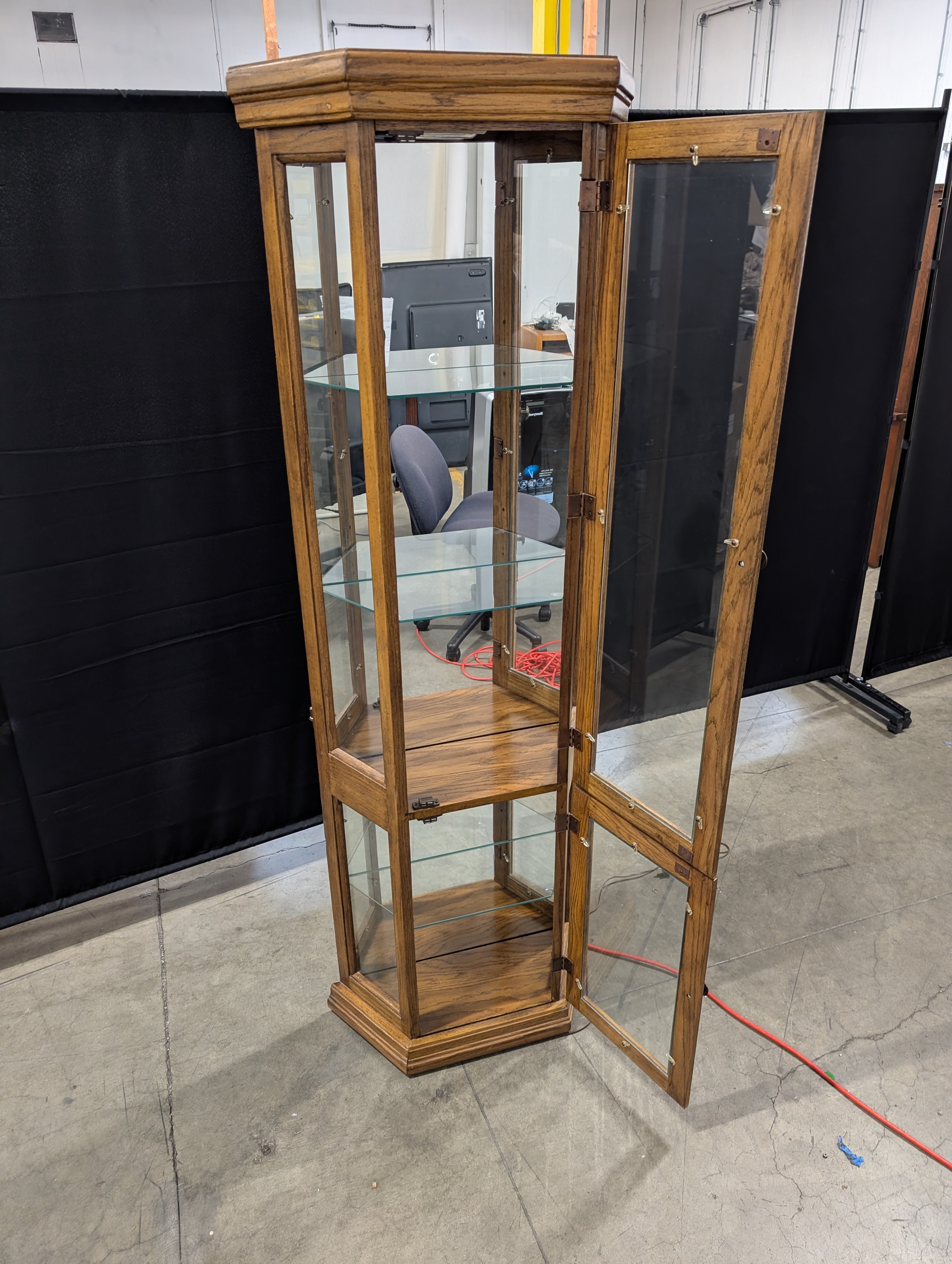 Oak Wood Tall China Cabinet with Glass Shelves