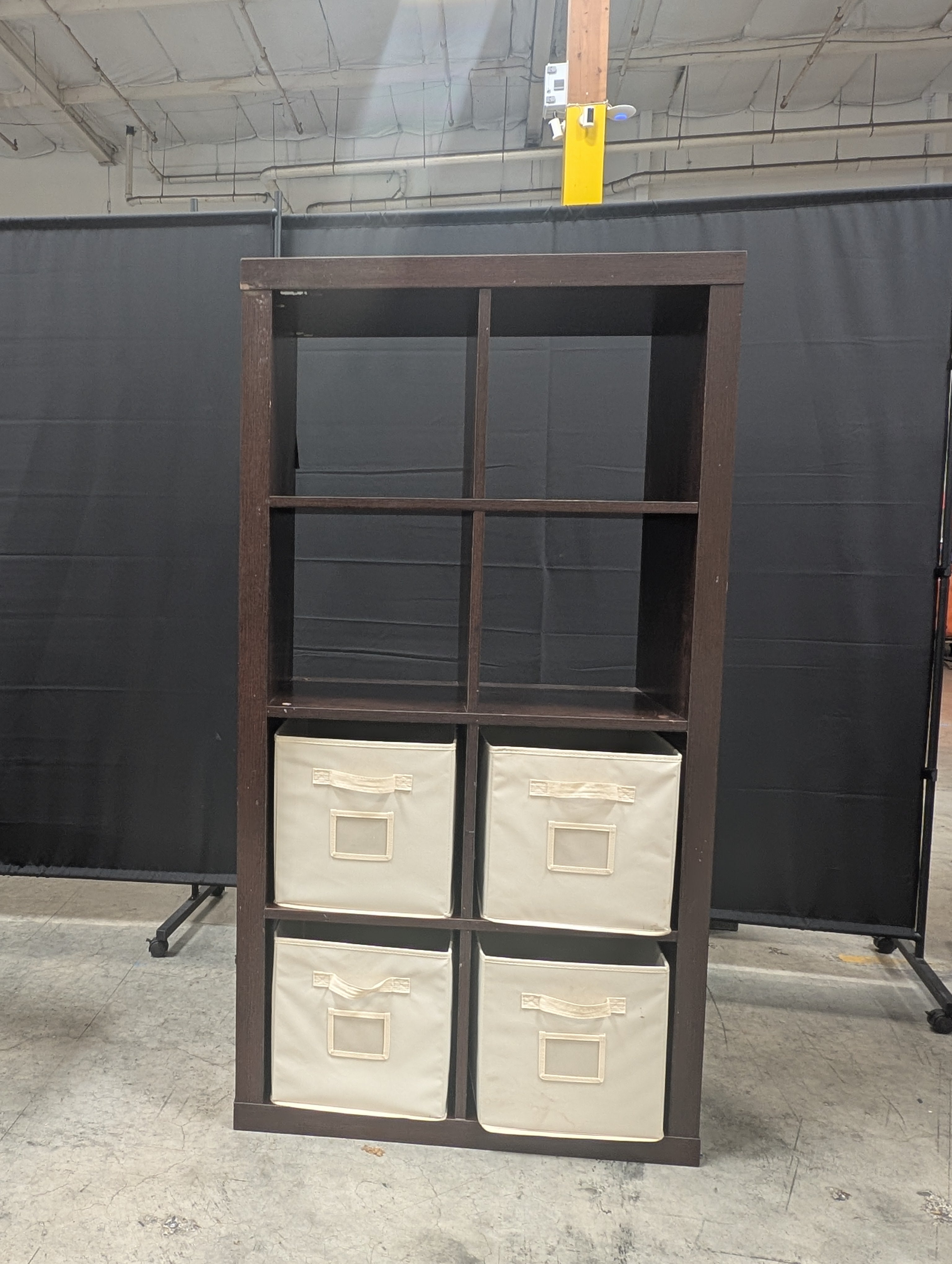 Dark Brown Cube Storage Bookcase with Four Fabric Bins