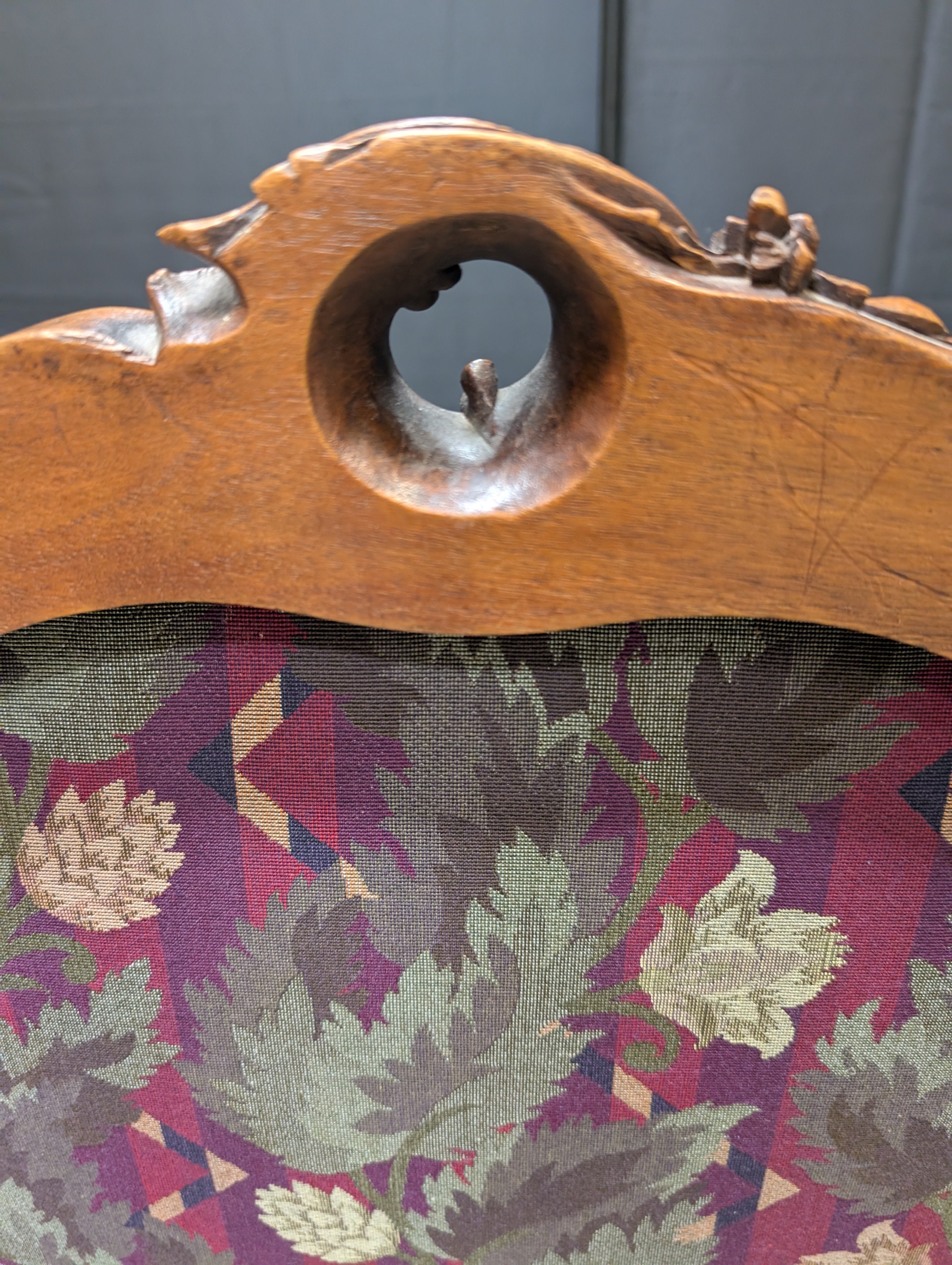 Vintage Carved Wood Armchair with Botanical Upholstery