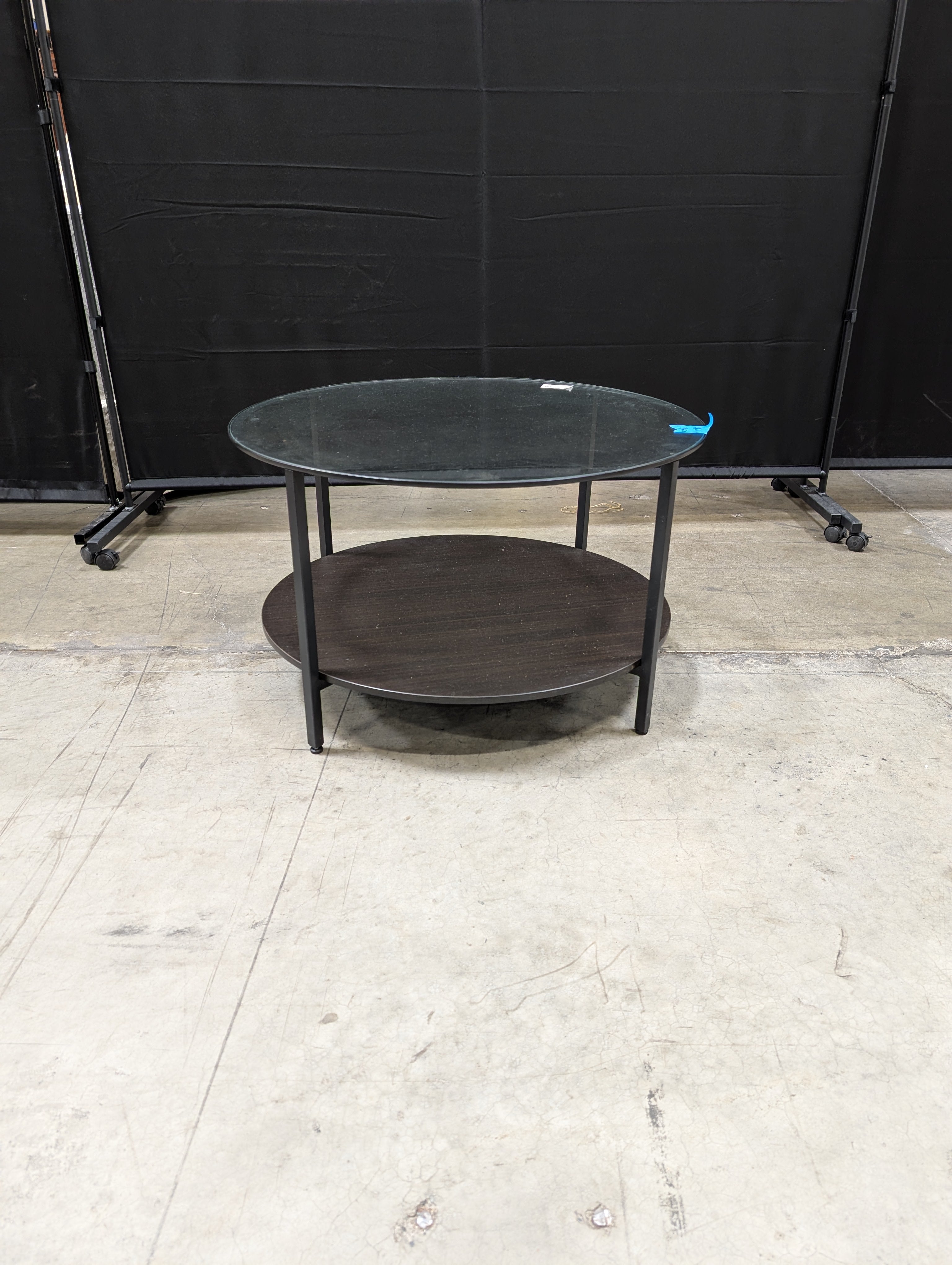 Contemporary Round Glass Top Coffee Table with Dark Wood Base