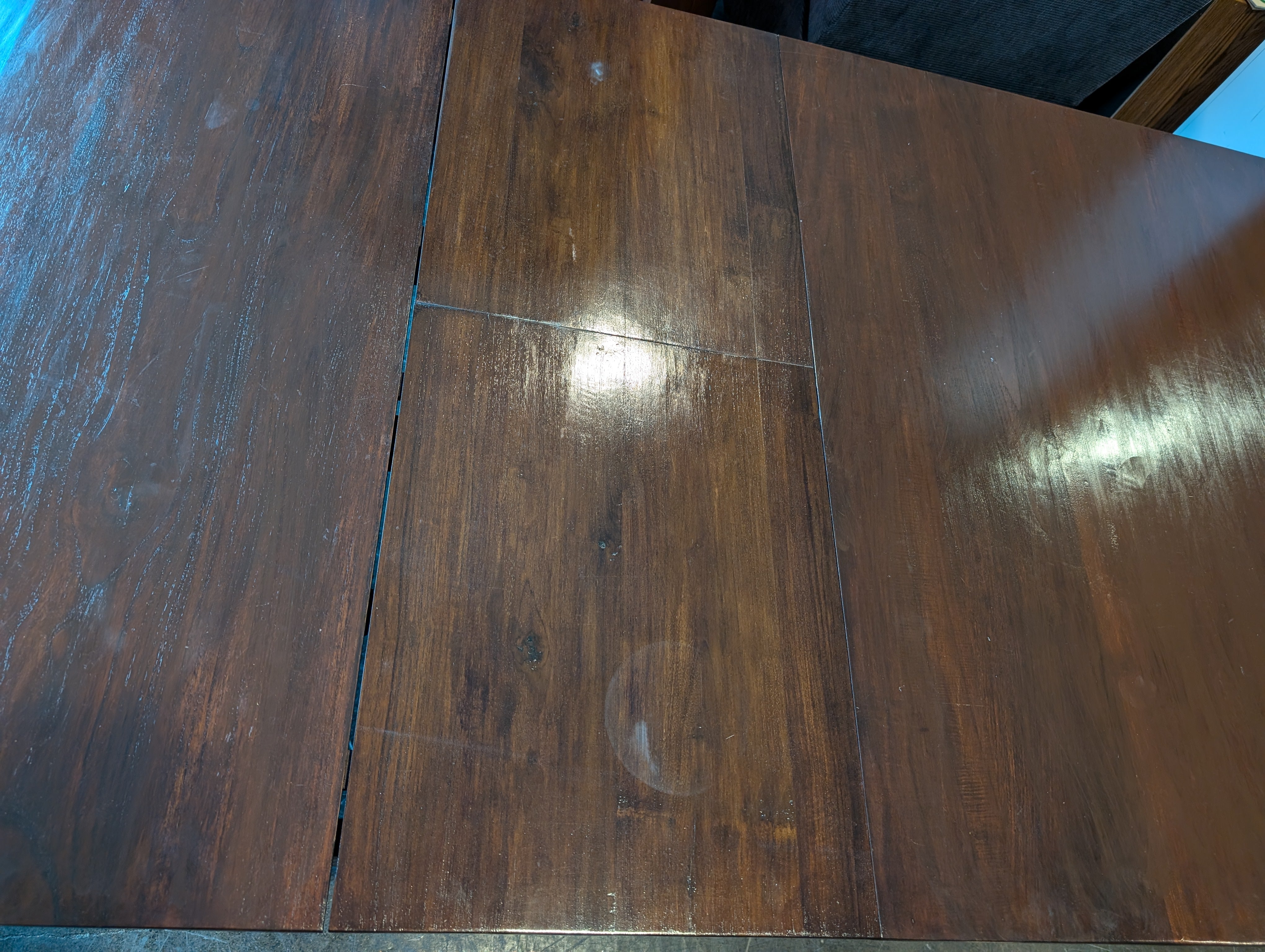 Sturdy Rectangular Dark Wood Dining Table with built in leaf and two drawers