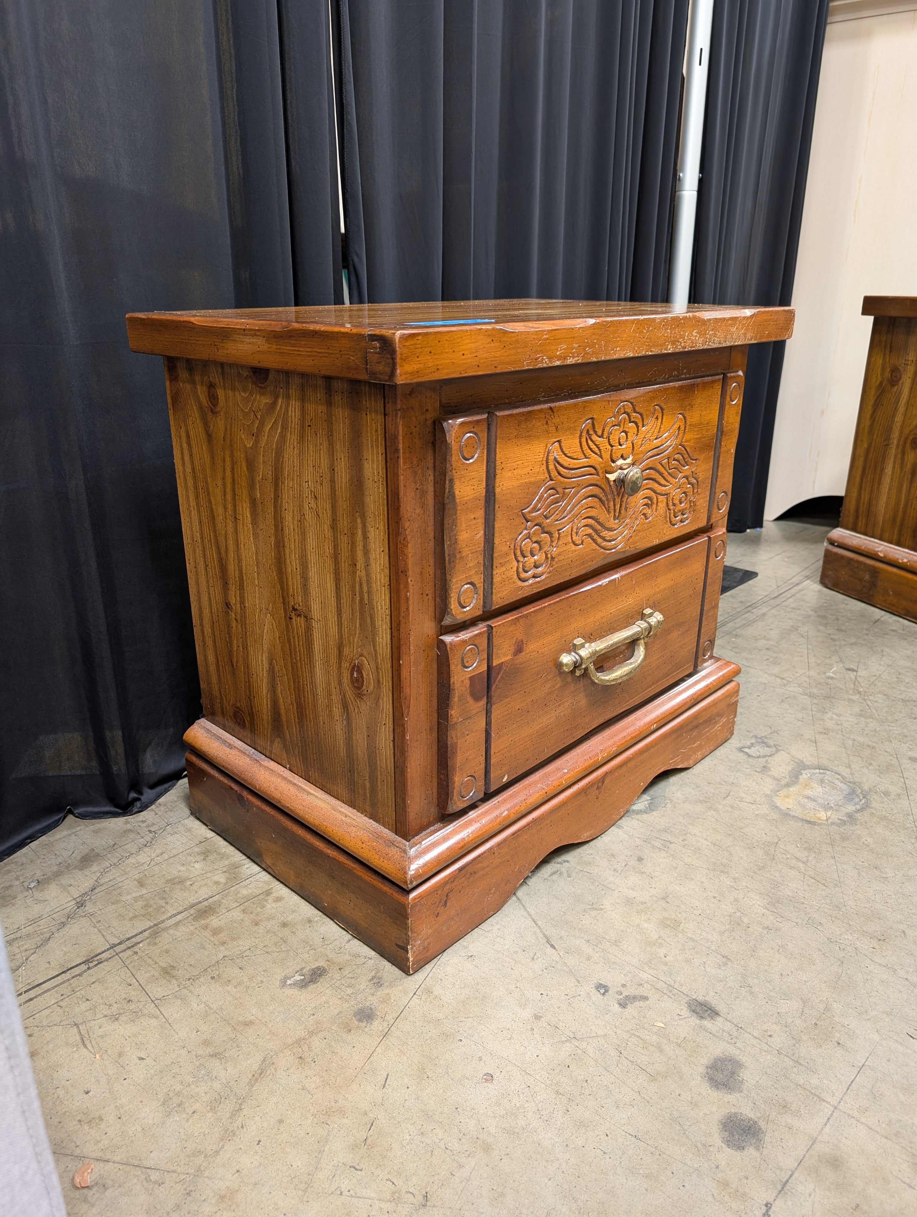 Traditional Carved Wood Nightstand with Brass Hardware