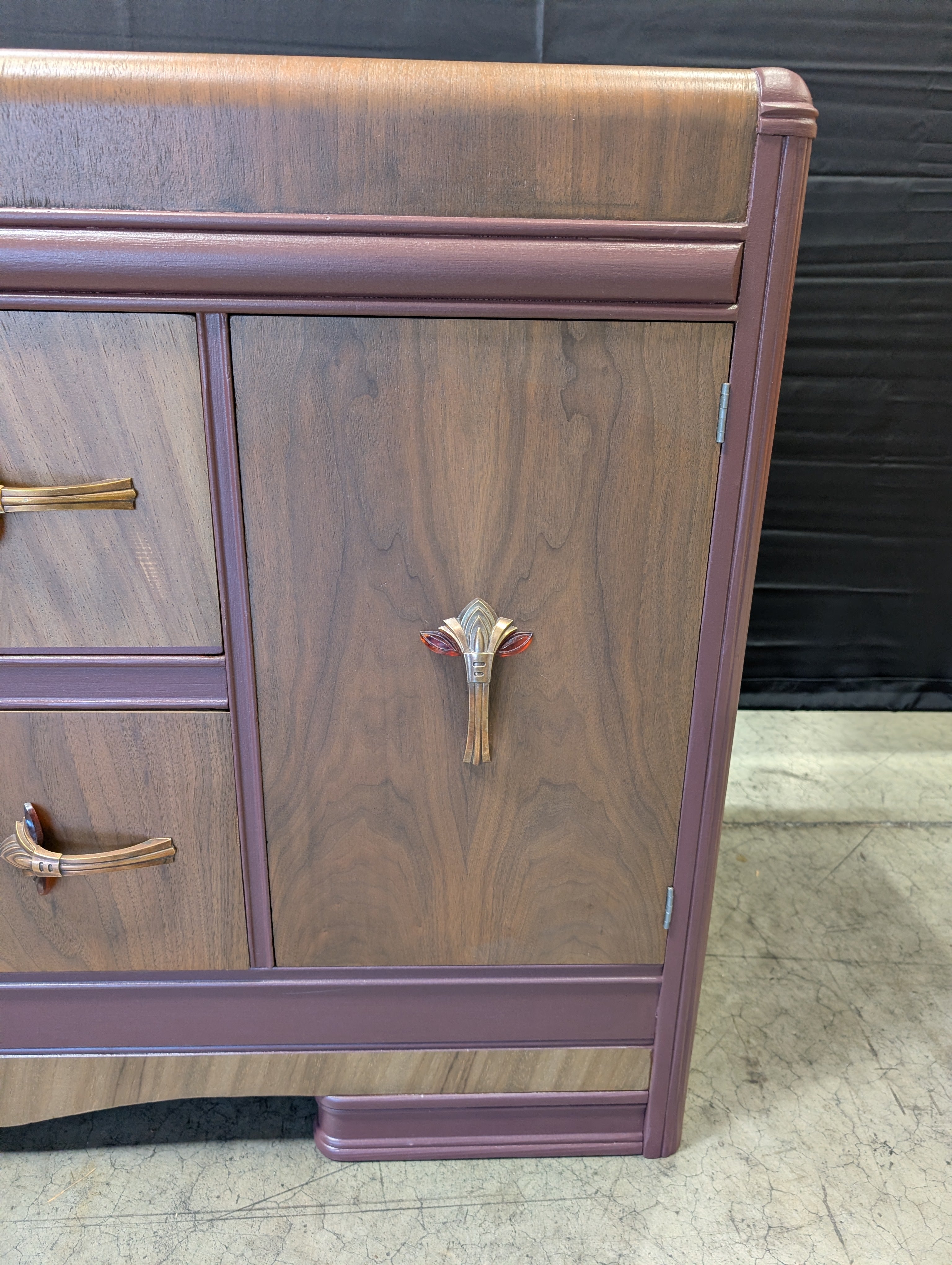 Vintage Art Deco Waterfall Wood Sideboard Cabinet
