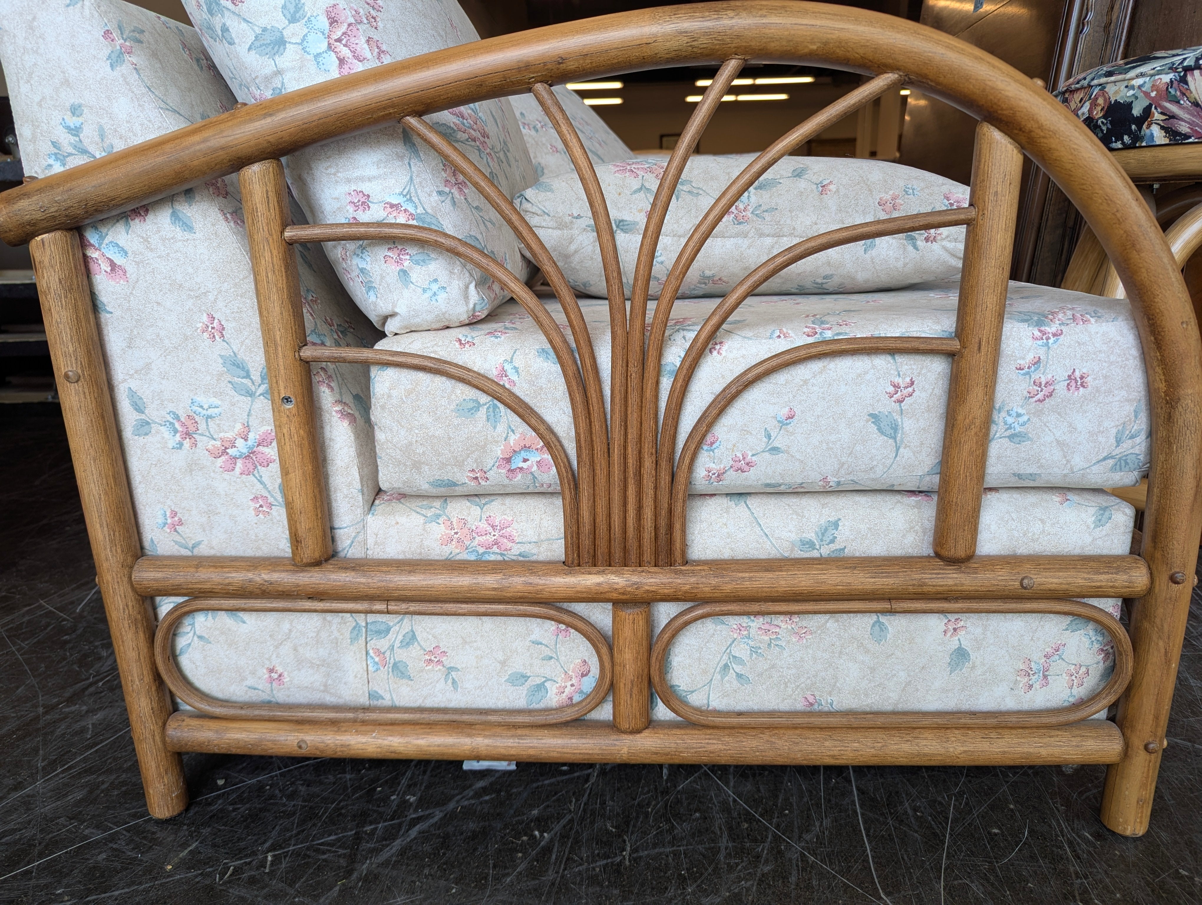 Vintage Rattan Three-Seat Sofa with Floral Upholstery