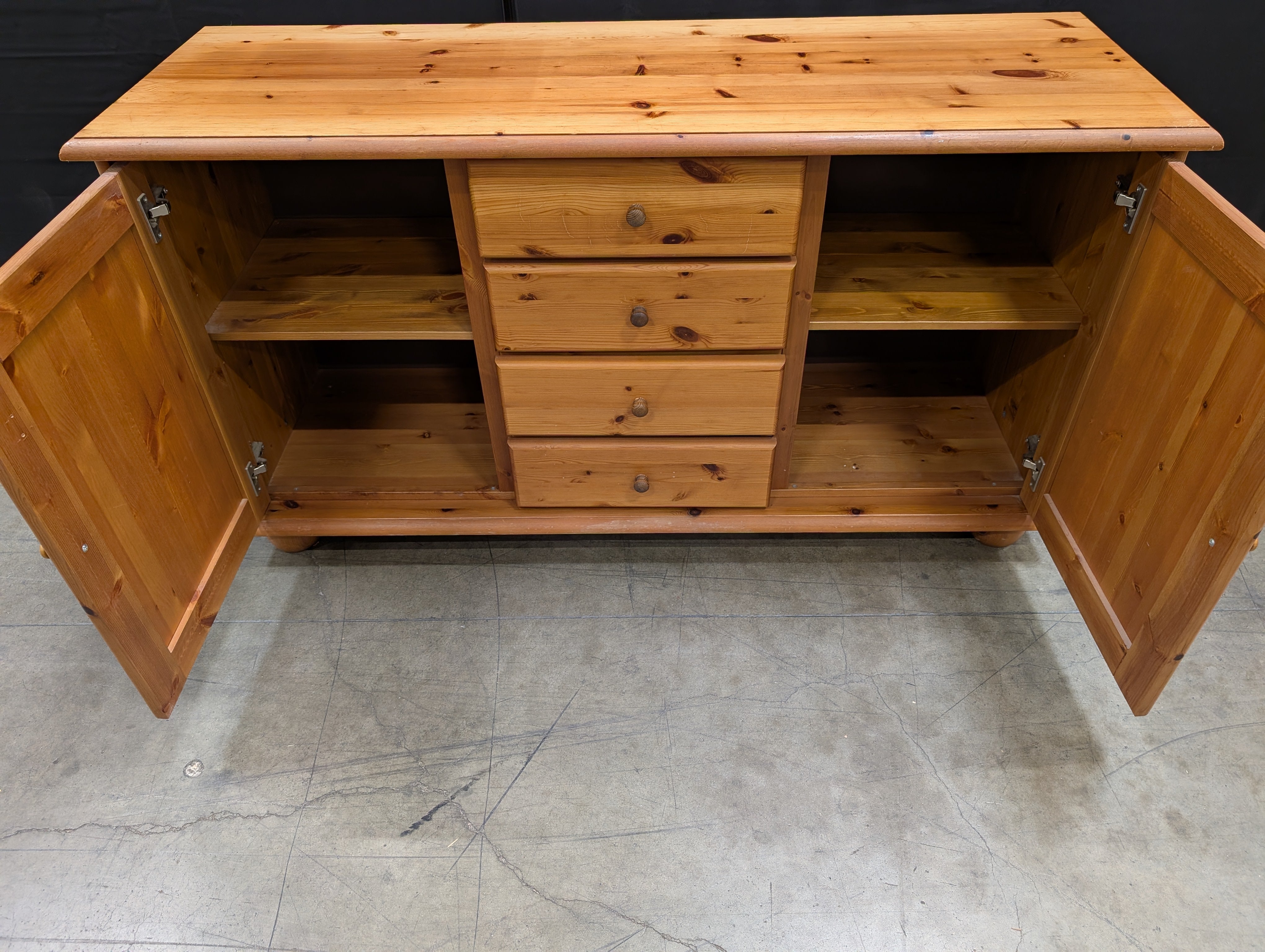 Rustic Pine Wood Sideboard with Cabinets and Drawers