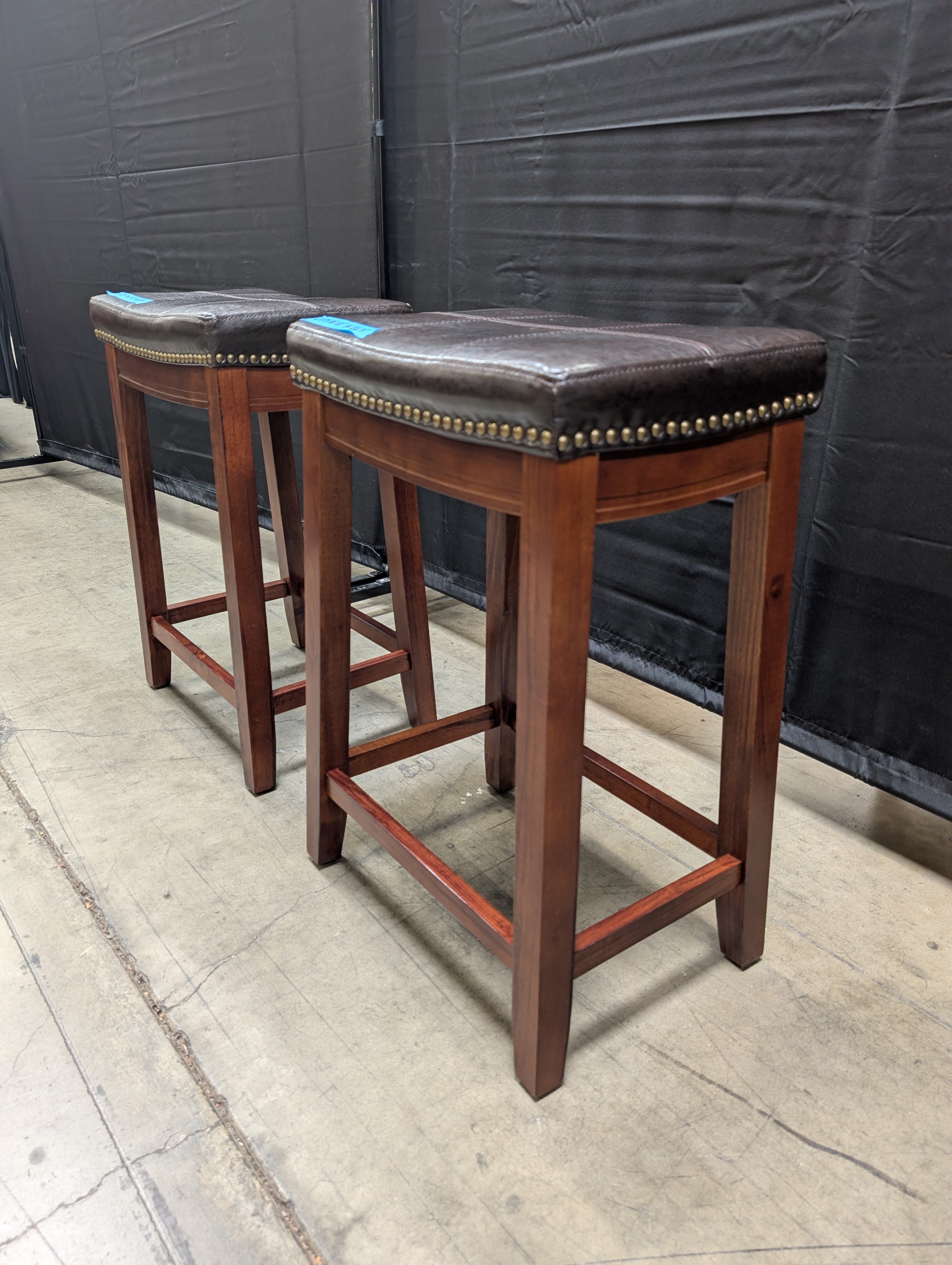 Pair of Brown Wood Frame Barstool with Nailhead Trim