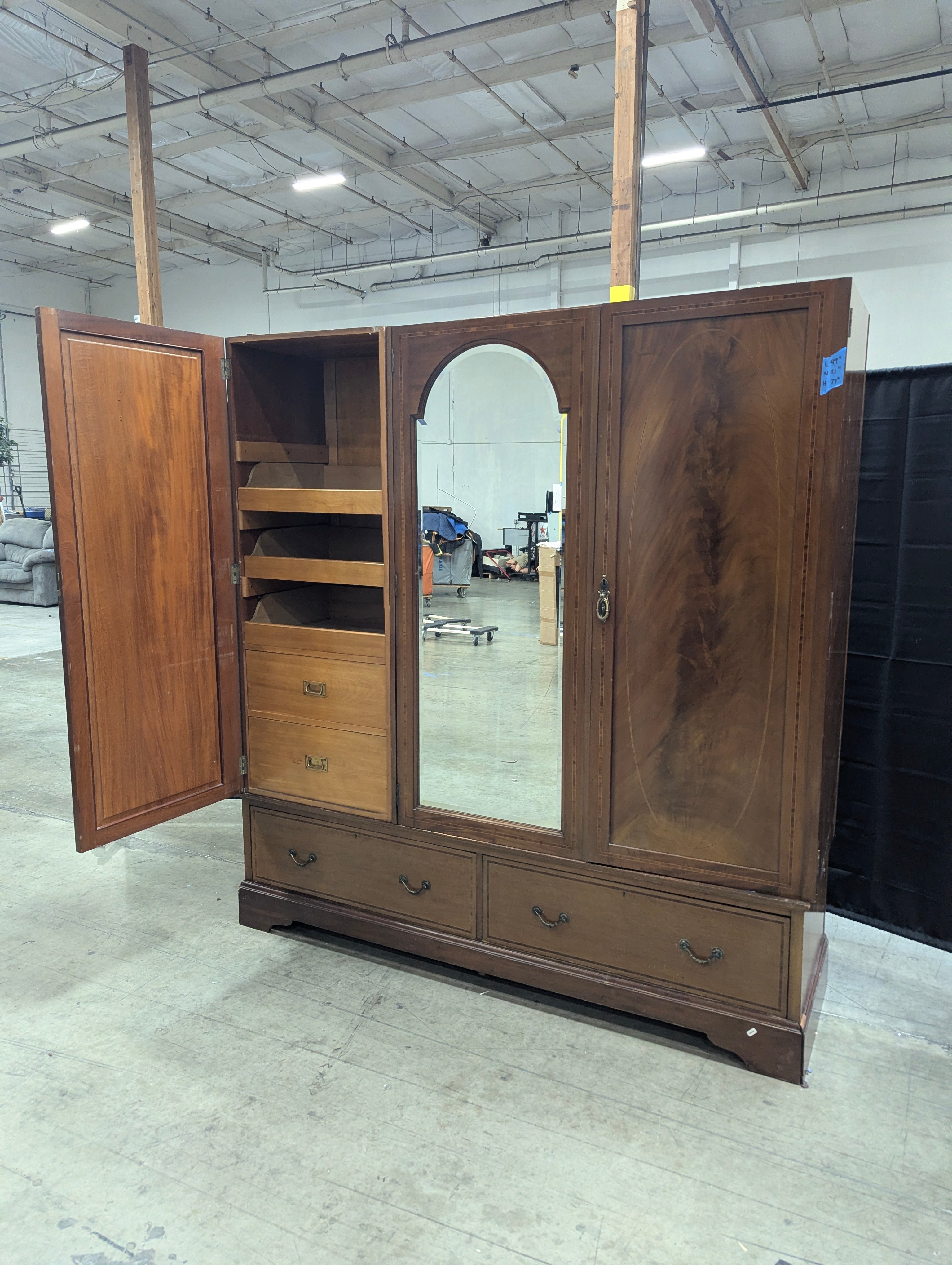 Vintage Three-Door Mirrored Wardrobe with Inlay Details