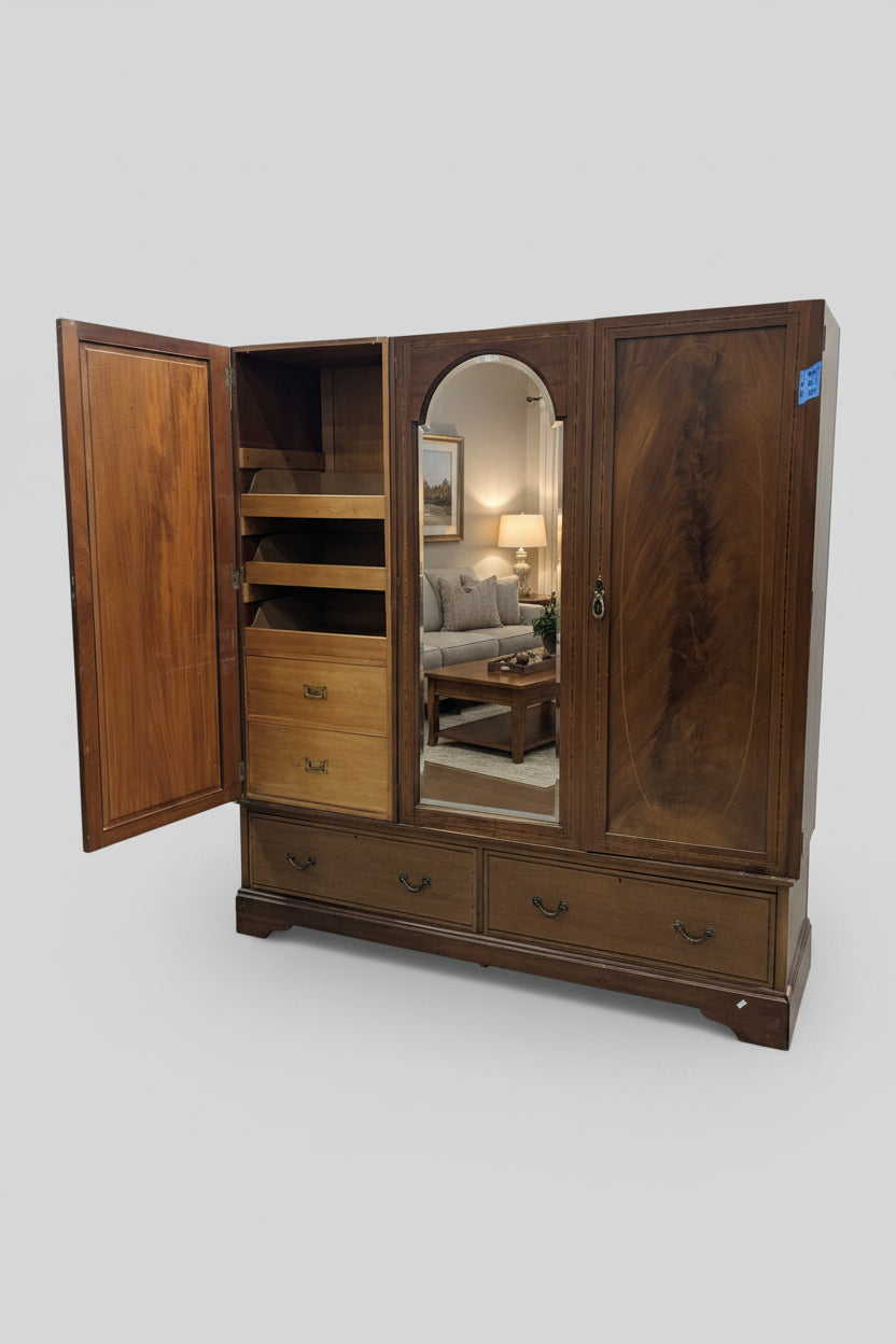 Vintage Three-Door Mirrored Wardrobe with Inlay Details