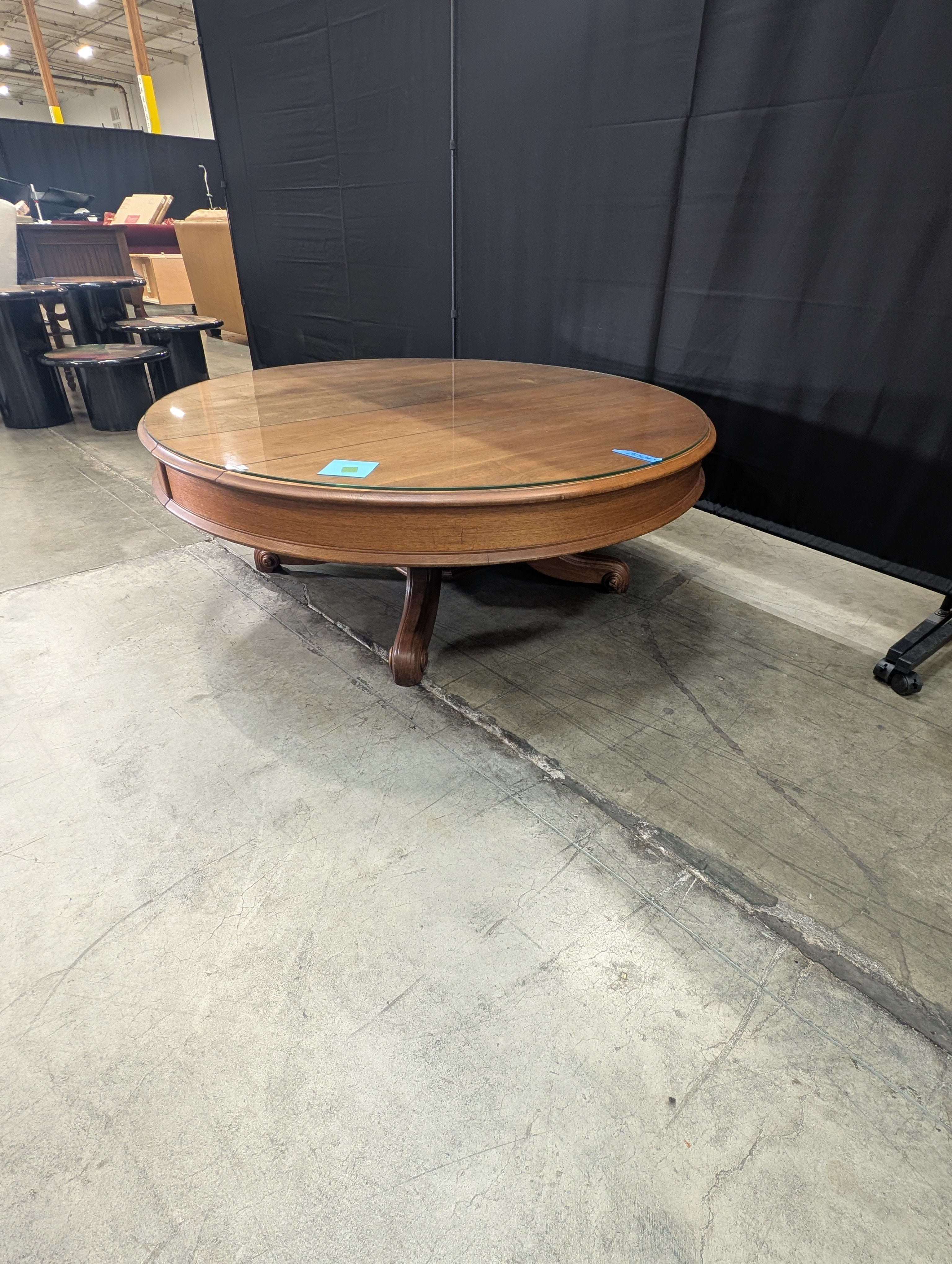 Modern Circular Wood Coffee Table with Protective Glass Surface