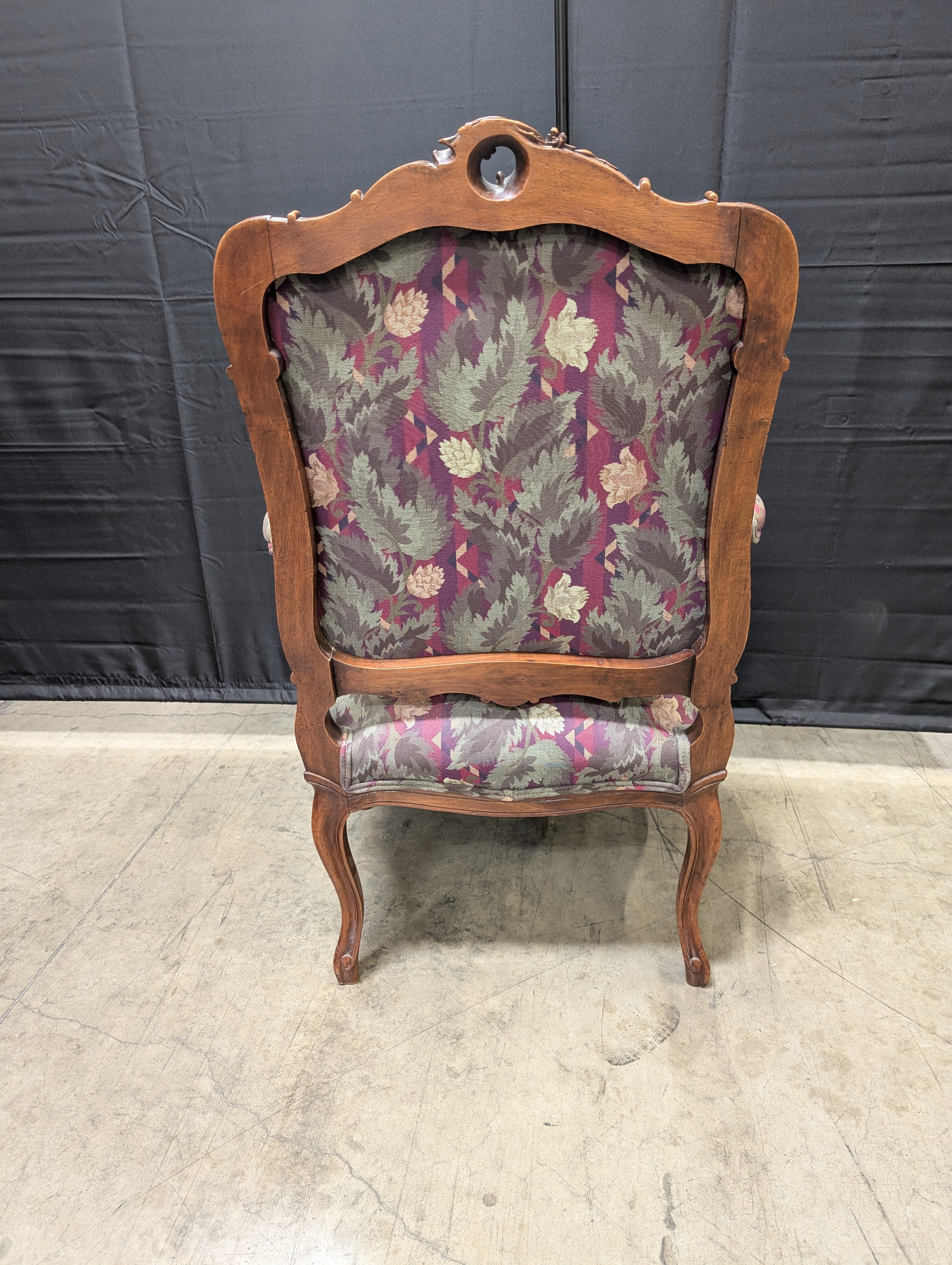 Vintage Carved Wood Armchair with Botanical Upholstery