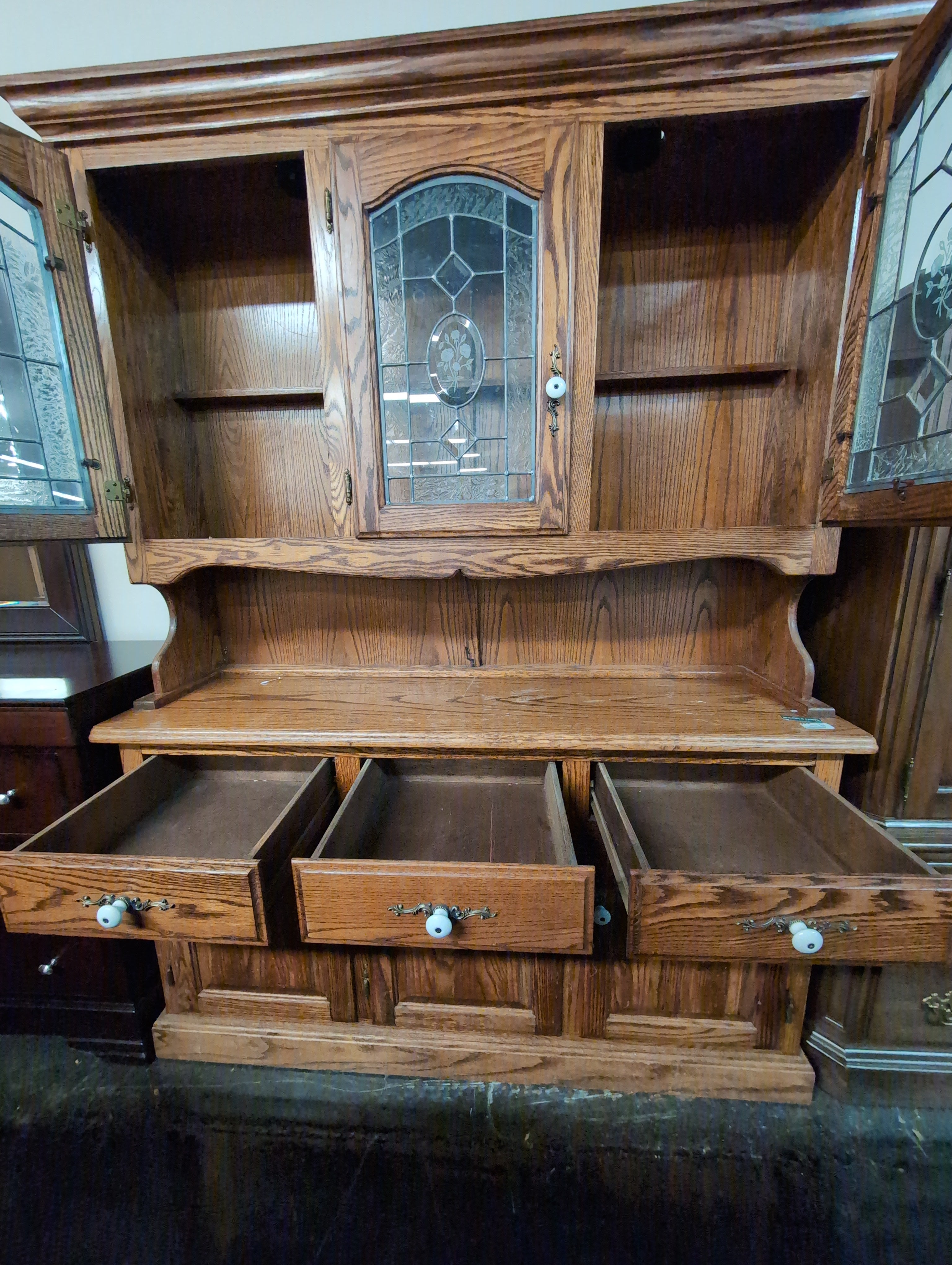 Rustic Hardwood China Cabinet with Glass Doors - no glass shelves