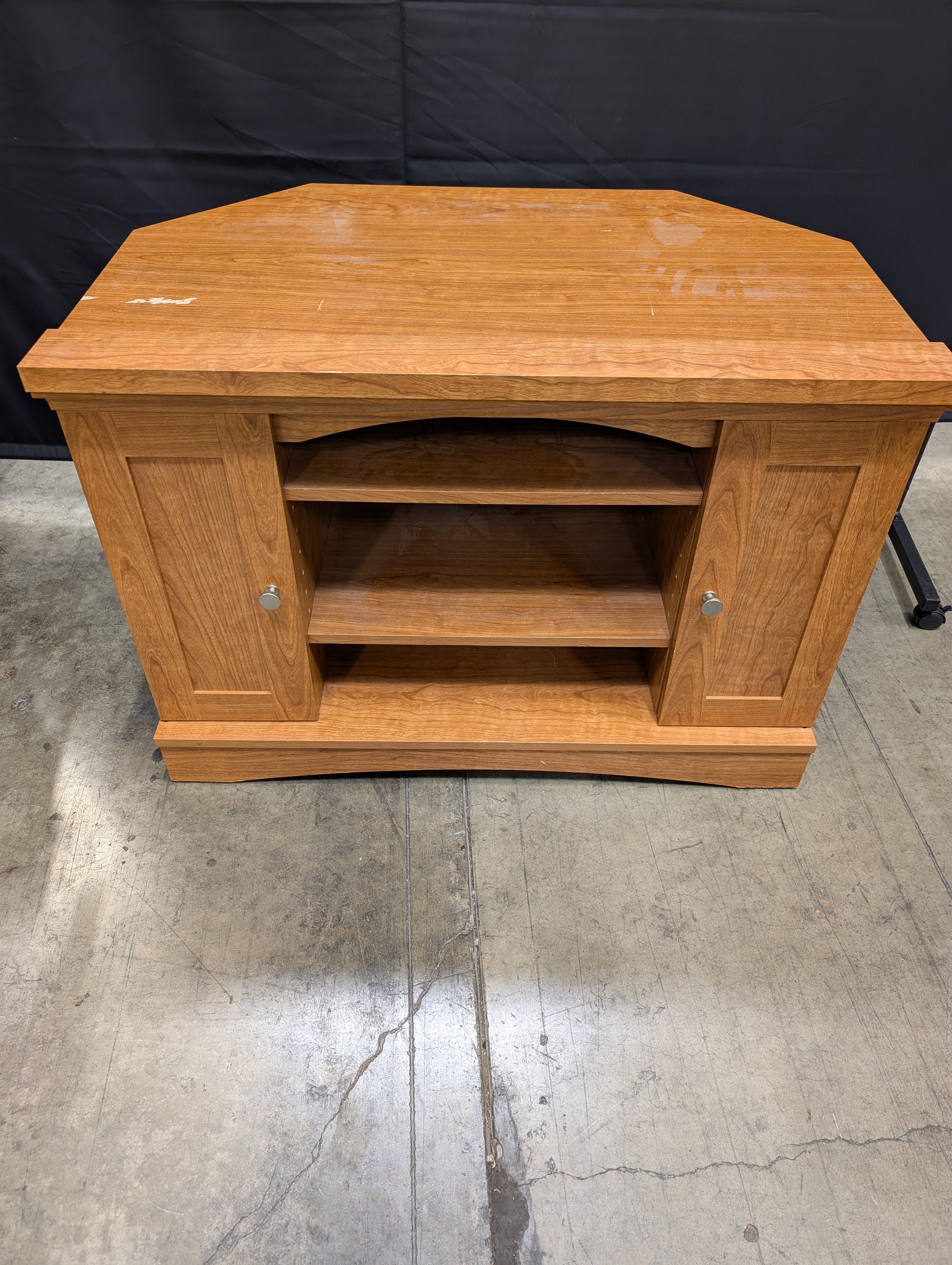 Cherry Toned Wood Media Cabinet with Open Shelving