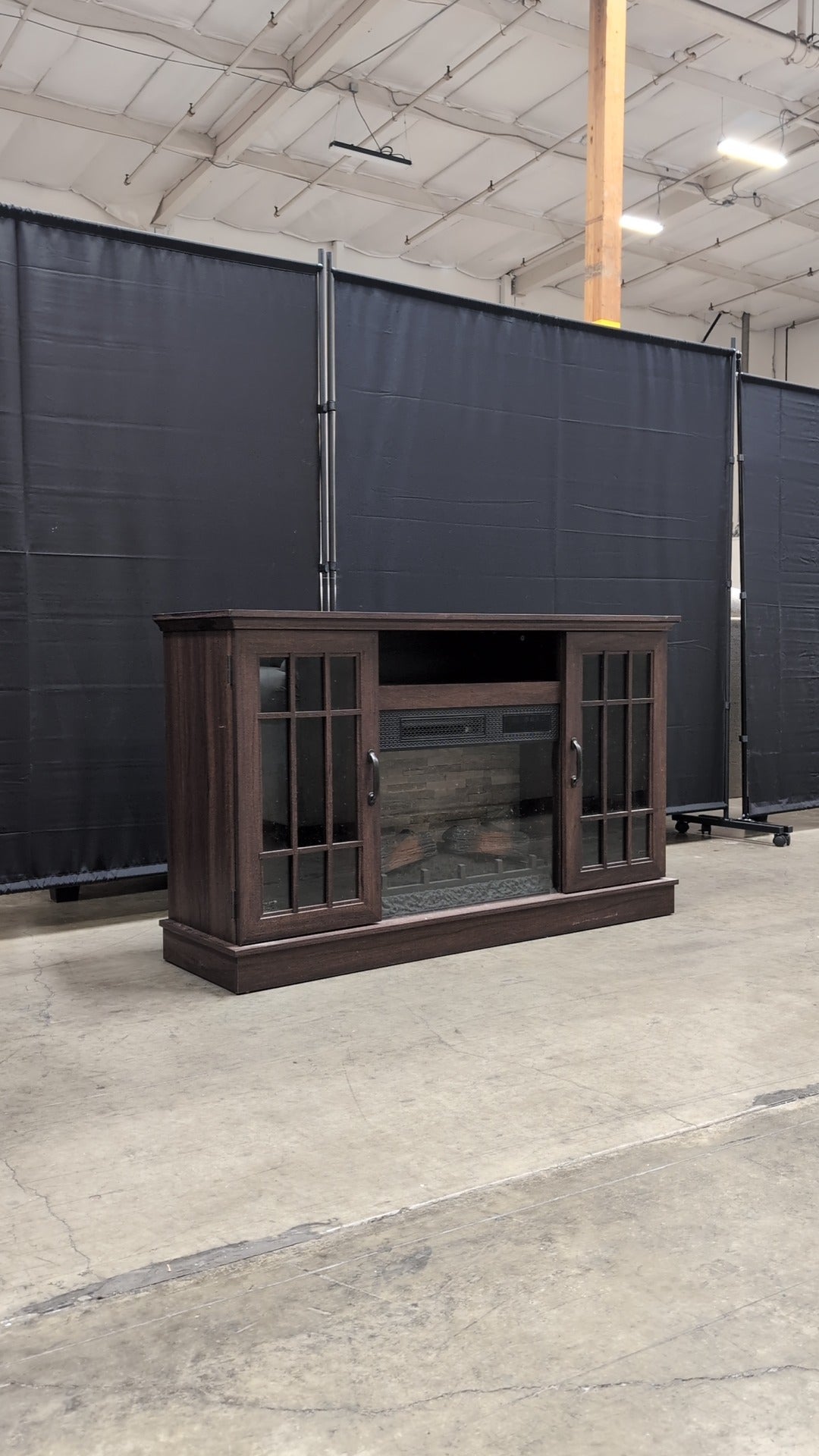 Dark Brown Wood Composite Media Console with Electric Fireplace