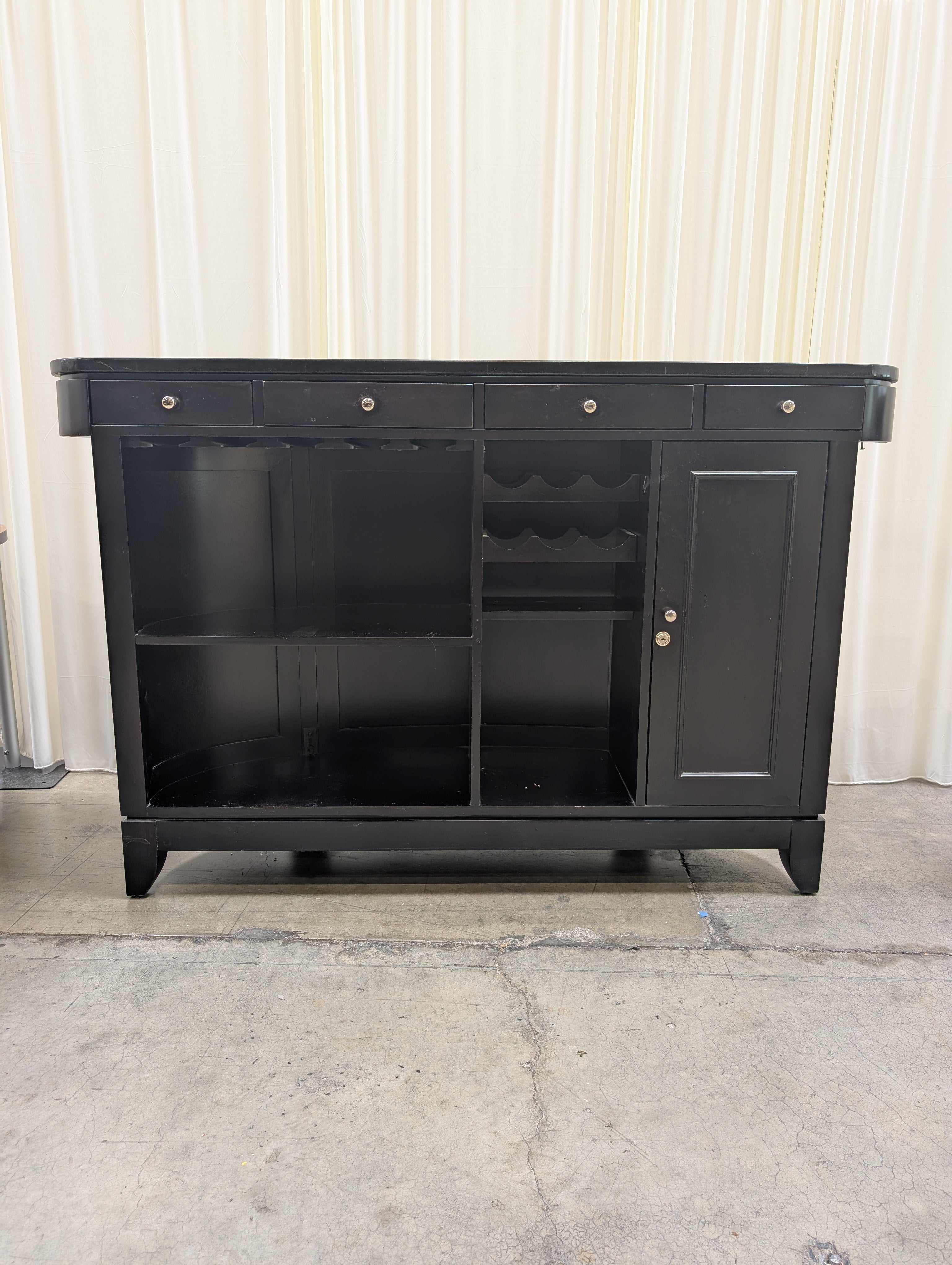 Dark Curved Wood Home Bar with Metal Foot Rail