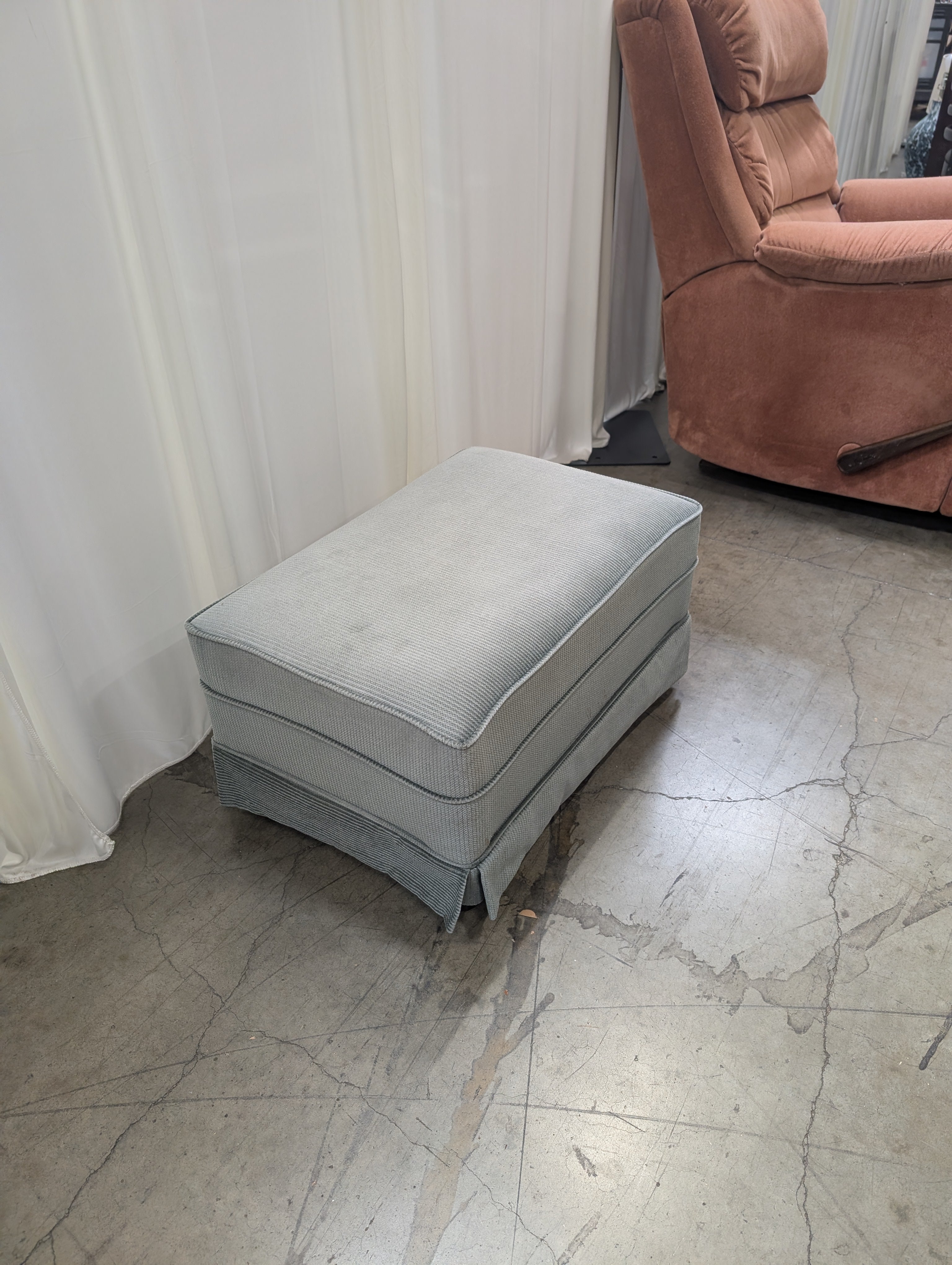 Plush Sage Green Ribbed Fabric Ottoman