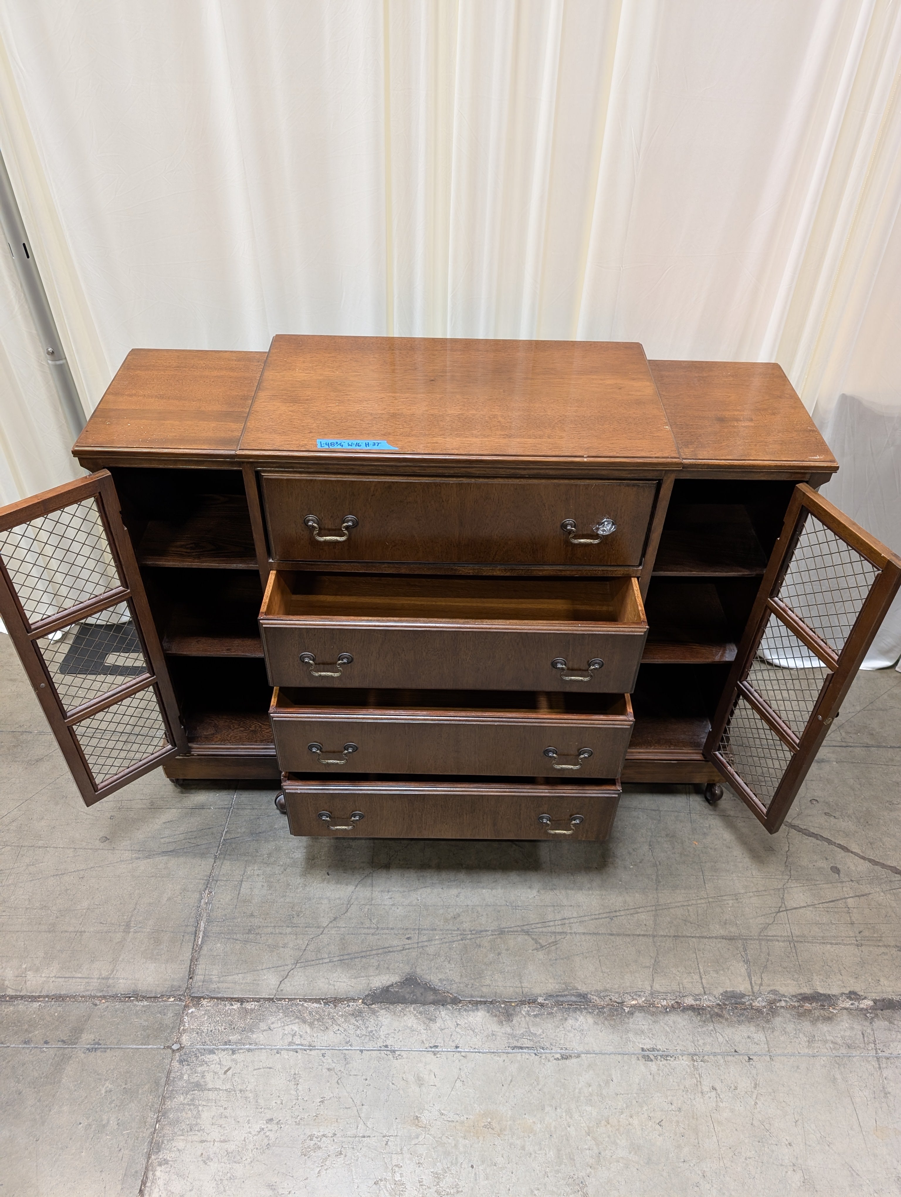 Vintage Stepped Top Wood Secretary Desk with Mesh Doors