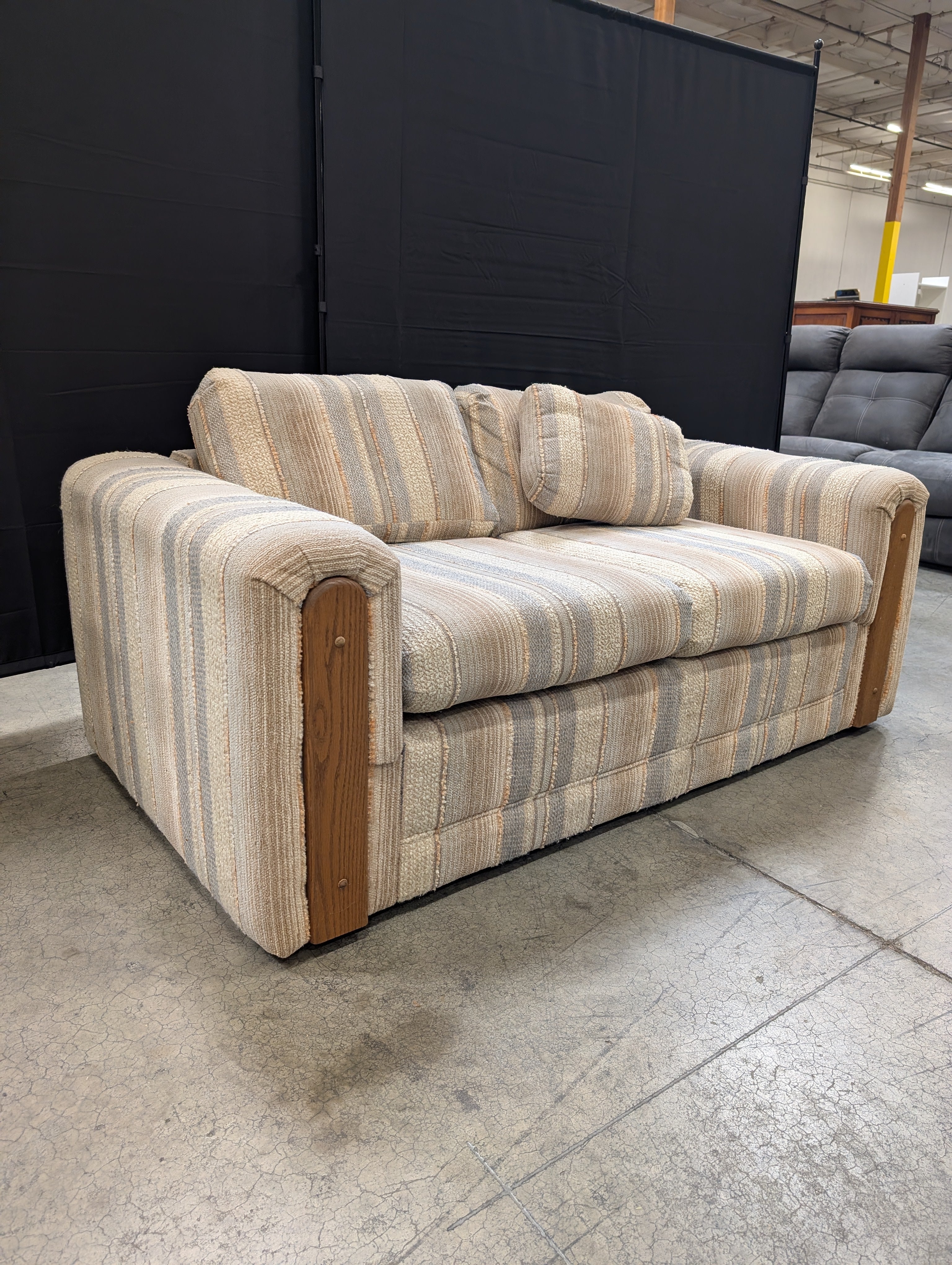 Neutral Stripe Upholstered Loveseat with Wood Arm Accents