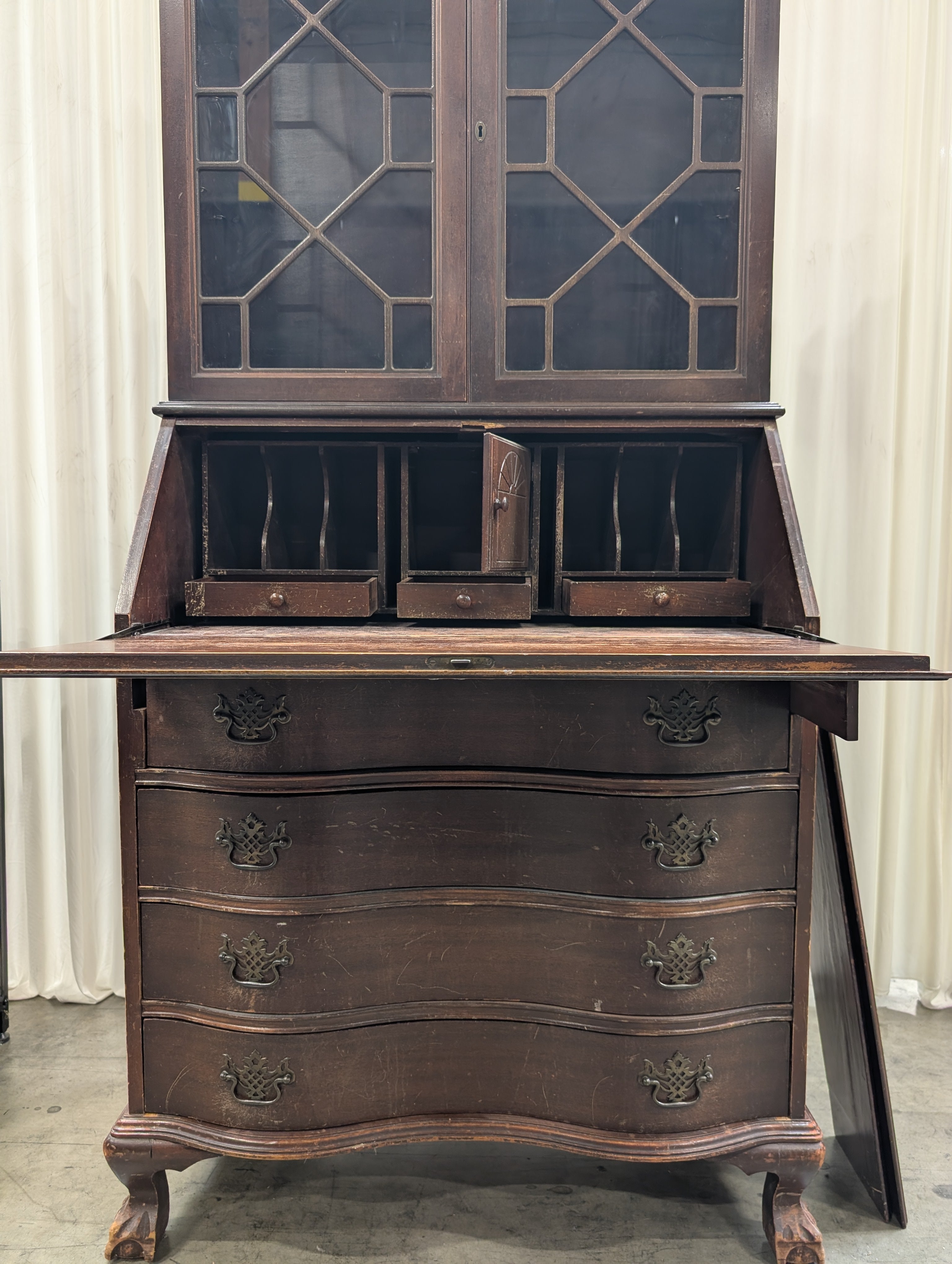 Vintage Mahogany Secretary Desk with Glass Hutch