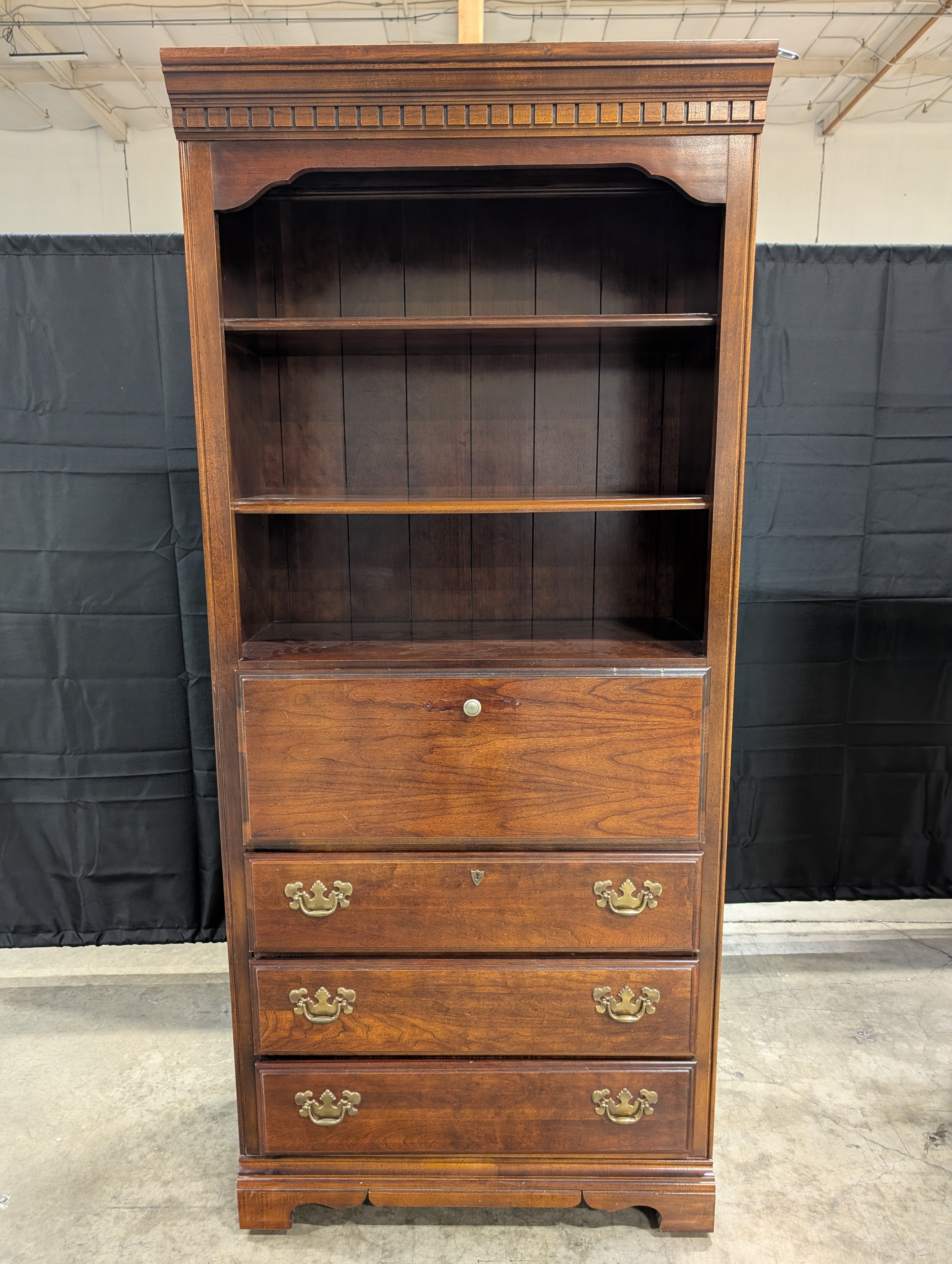 Classic Cherry-Stained Hardwood Bookcase with Storage Drawers