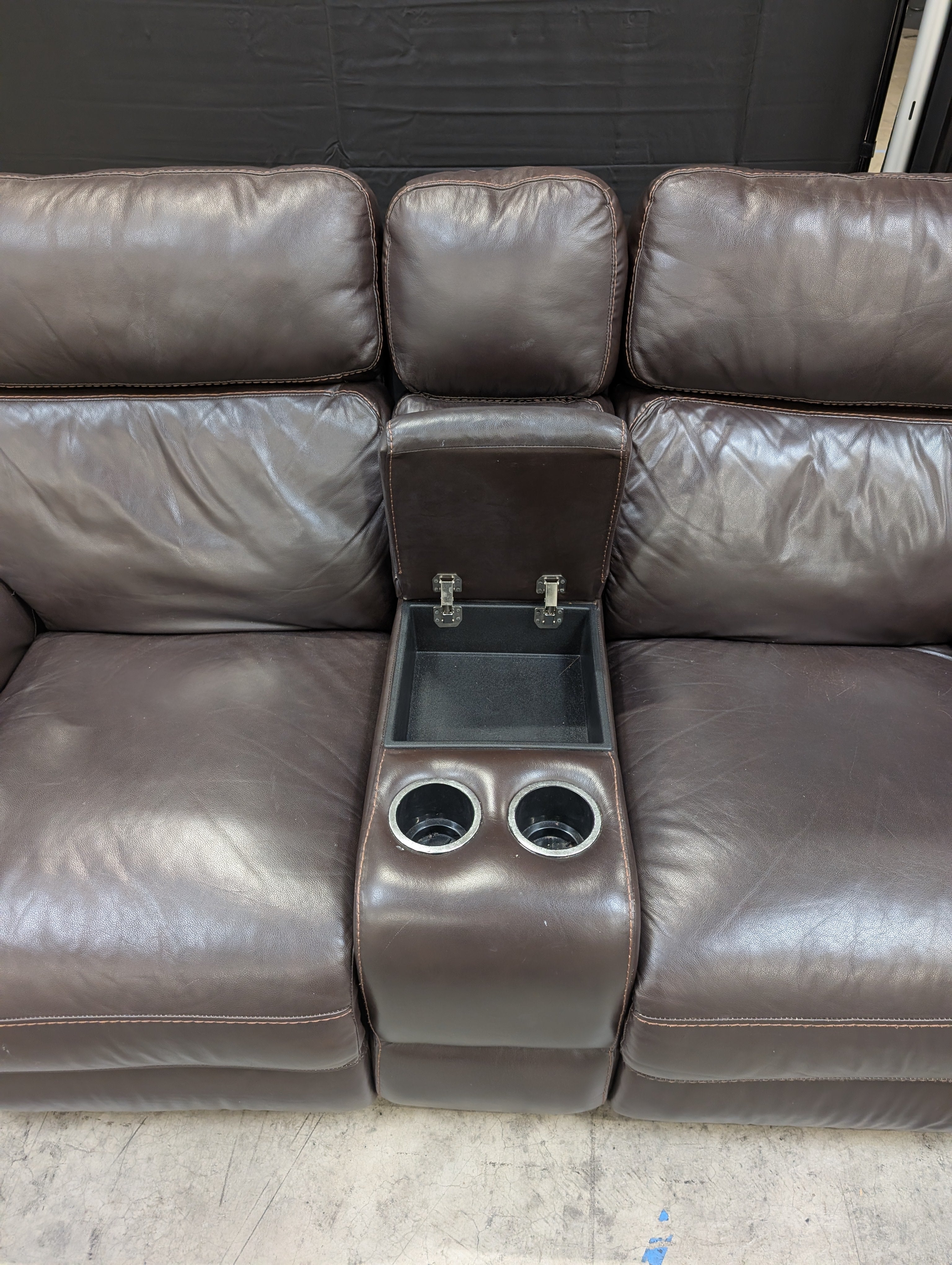 Brown Leather-Look Reclining Couch with Cup Holders